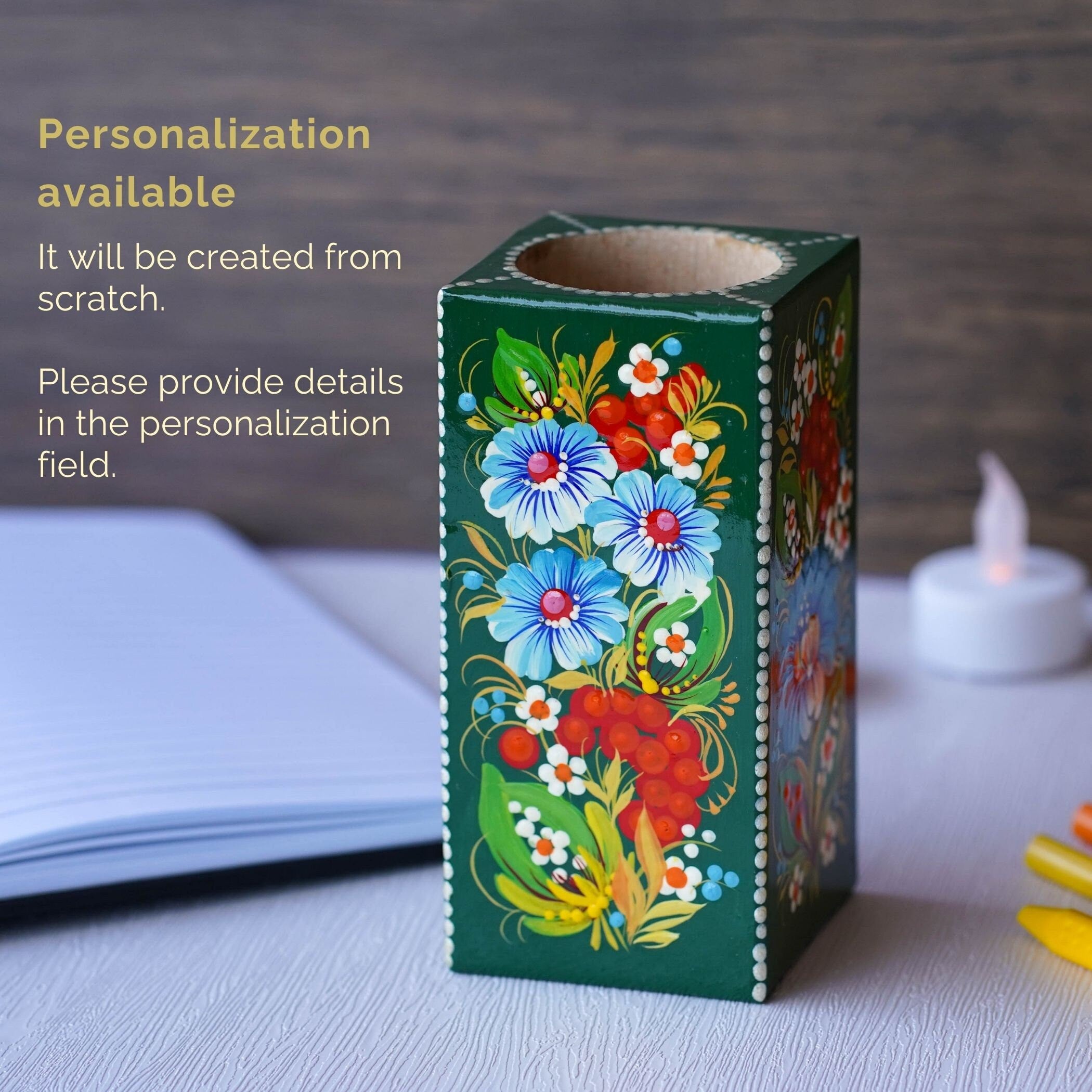 Wooden Pencil Holder - Handmade Pen Holder Emerald Green, Hand-painted Ukrainian Petrykivka Art Desk Accessories, Wooden Pencil Cup