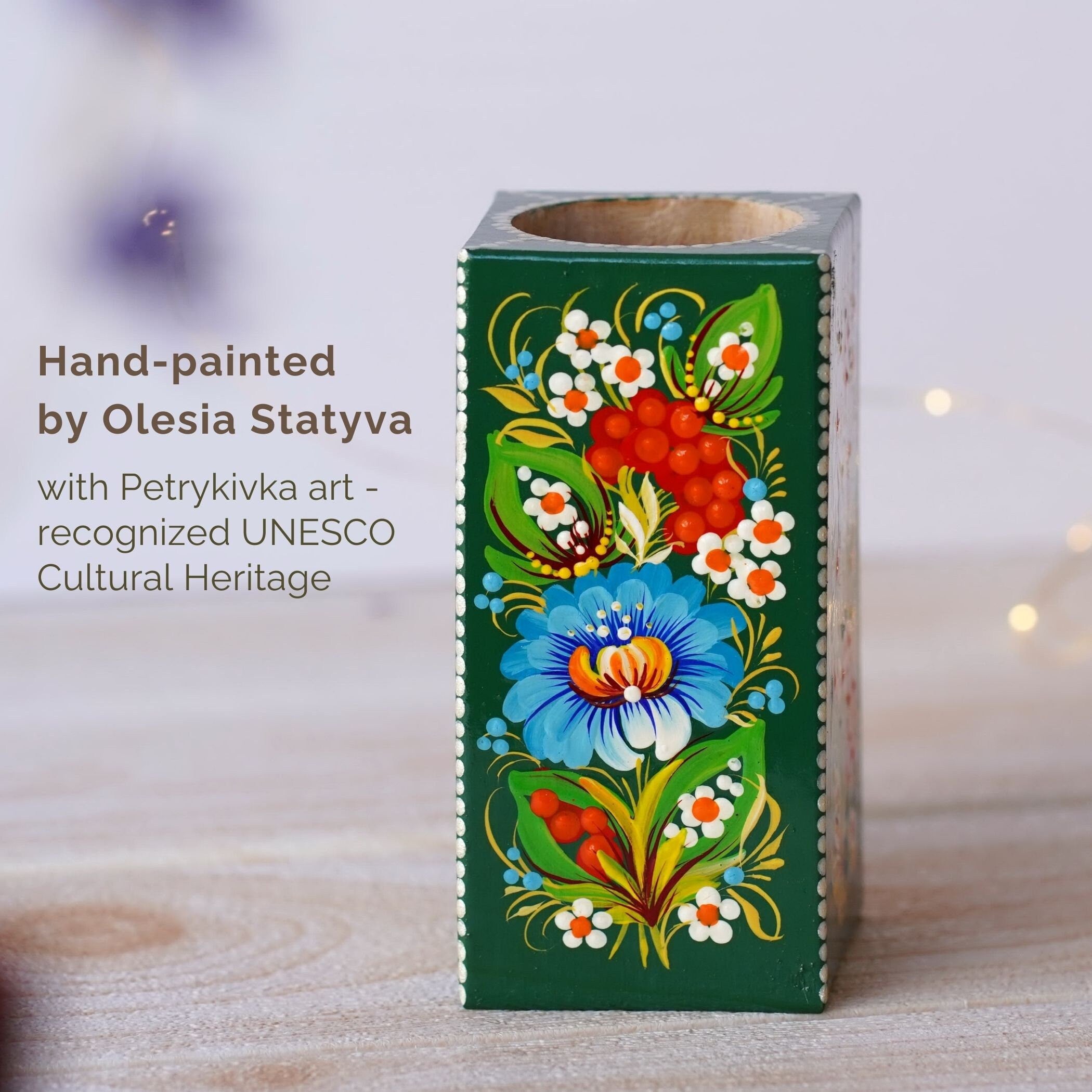 Wooden Pencil Holder - Handmade Pen Holder Emerald Green, Hand-painted Ukrainian Petrykivka Art Desk Accessories, Wooden Pencil Cup