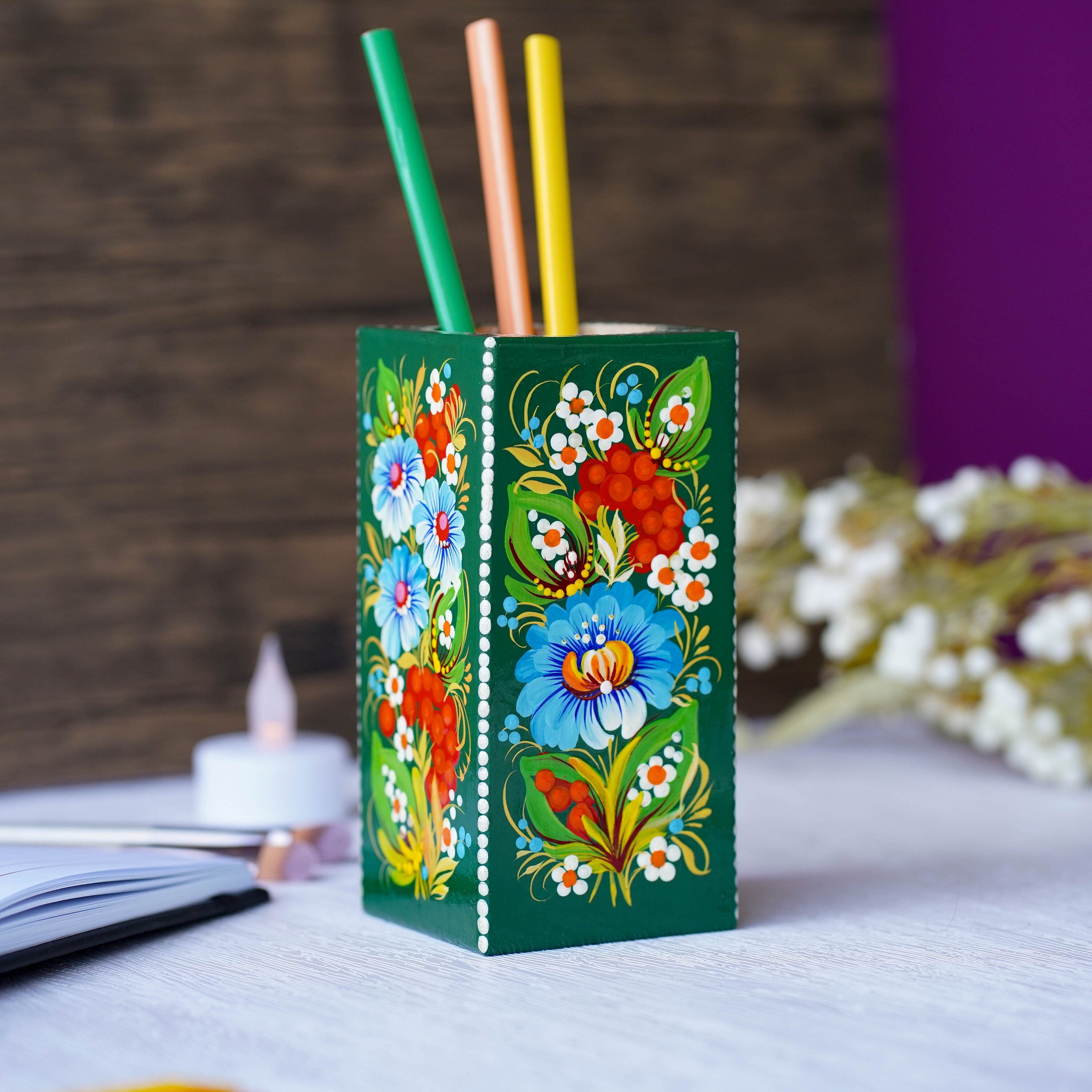 Wooden Pencil Holder - Handmade Pen Holder Emerald Green, Hand-painted Ukrainian Petrykivka Art Desk Accessories, Wooden Pencil Cup