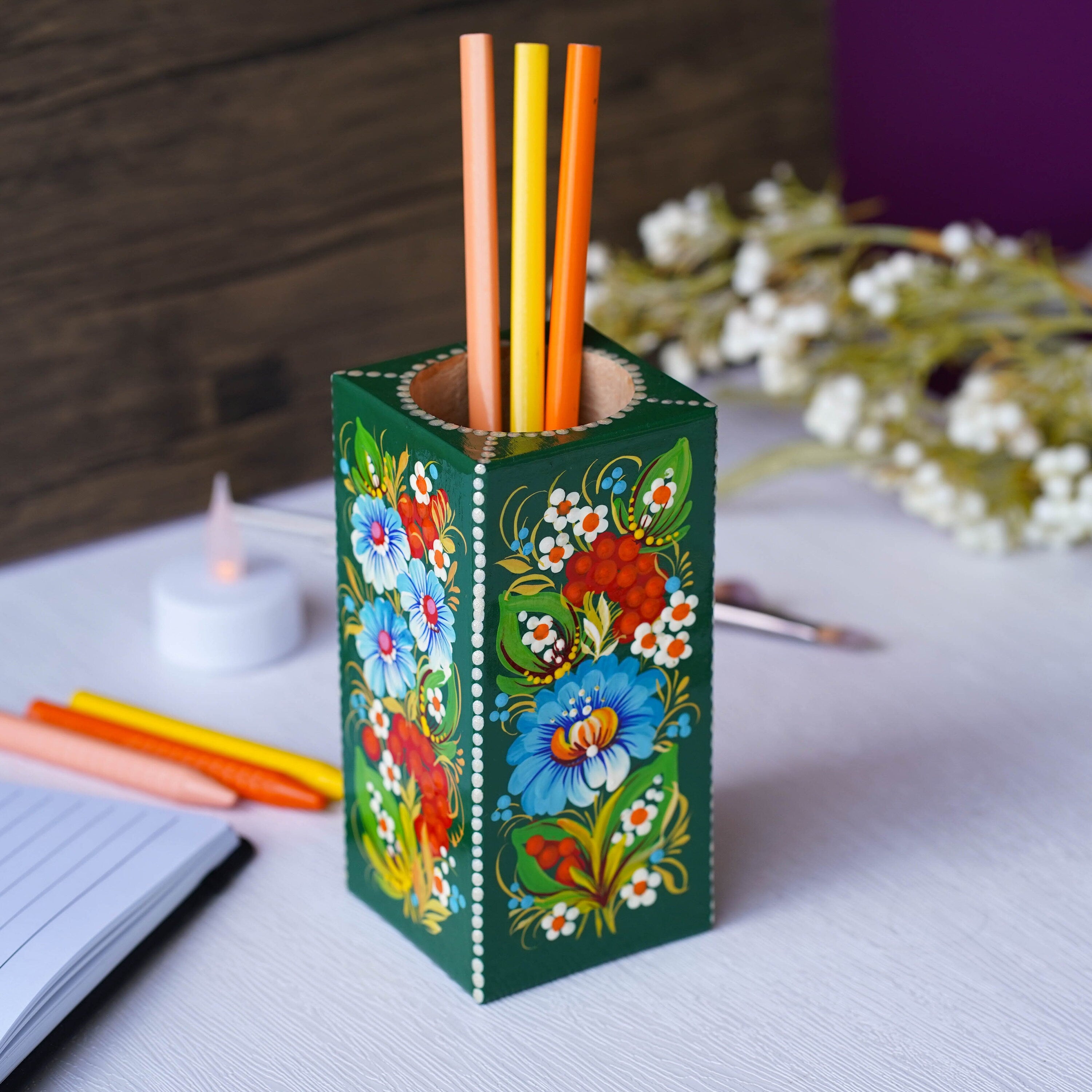 Wooden Pencil Holder - Handmade Pen Holder Emerald Green, Hand-painted Ukrainian Petrykivka Art Desk Accessories, Wooden Pencil Cup