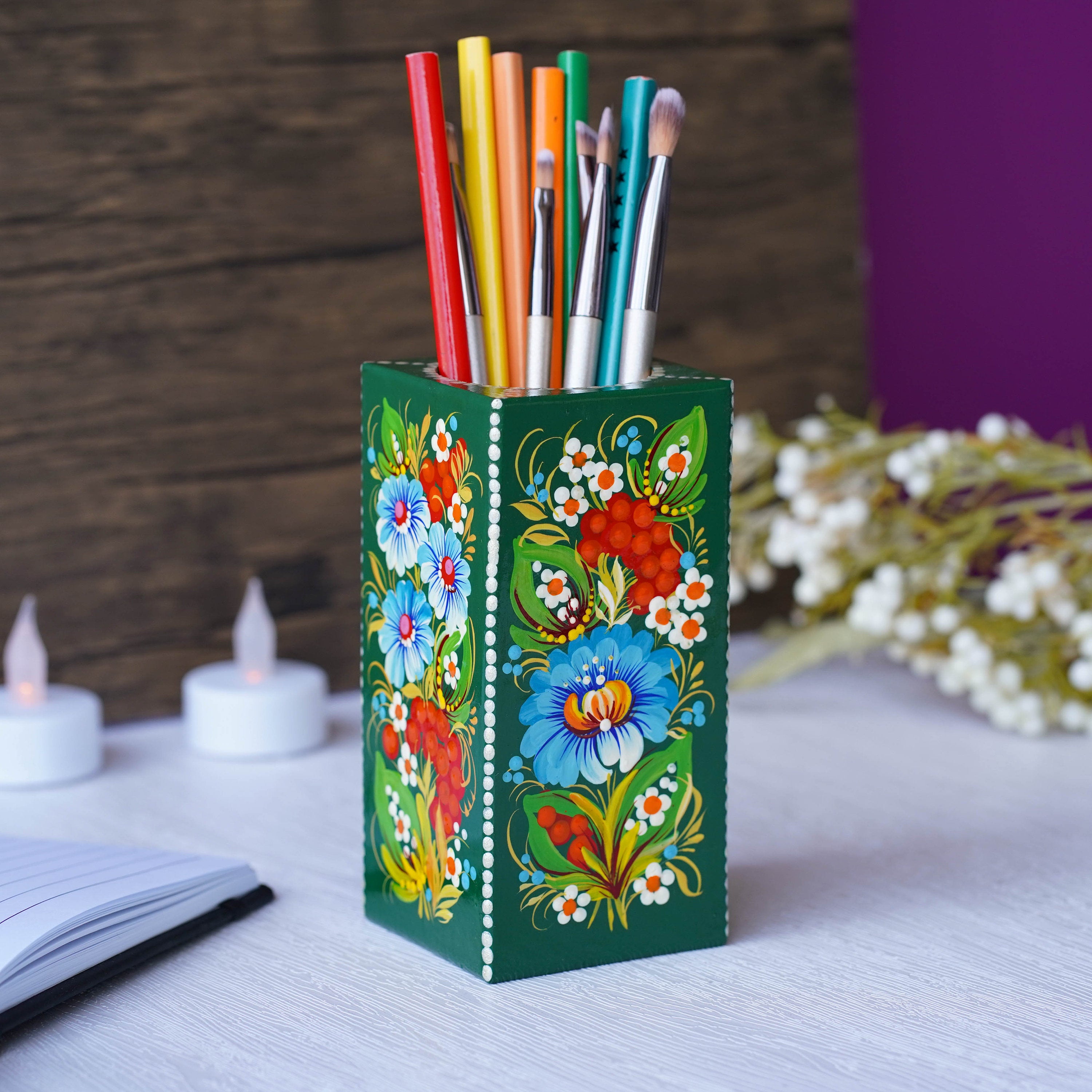 Wooden Pencil Holder - Handmade Pen Holder Emerald Green, Hand-painted Ukrainian Petrykivka Art Desk Accessories, Wooden Pencil Cup