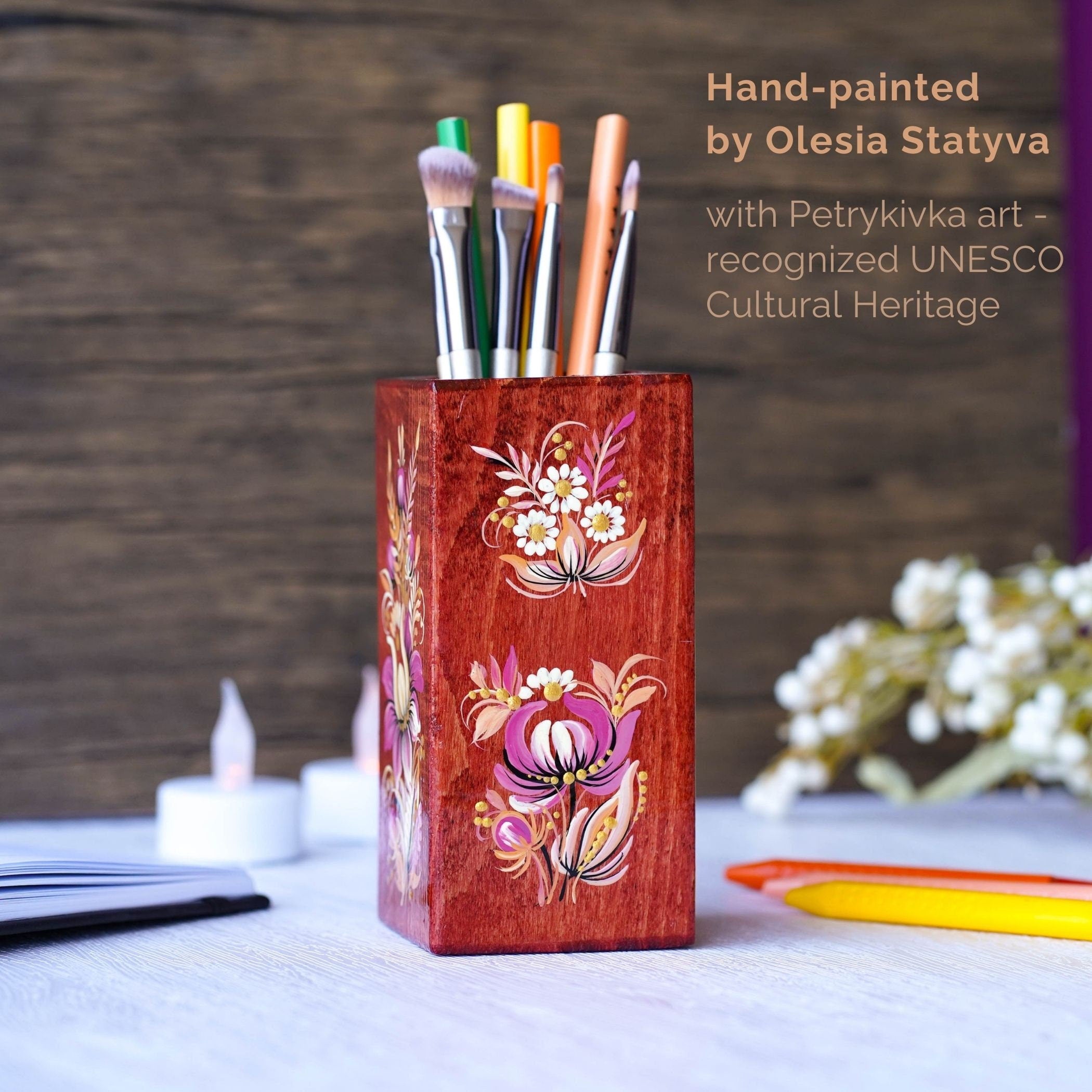 Personalized Wooden Pencil Holder - Handmade Pen Holder Pink Flower, Painted Ukrainian Petrykivka Art Desk Accessories, Wooden Pencil Cup