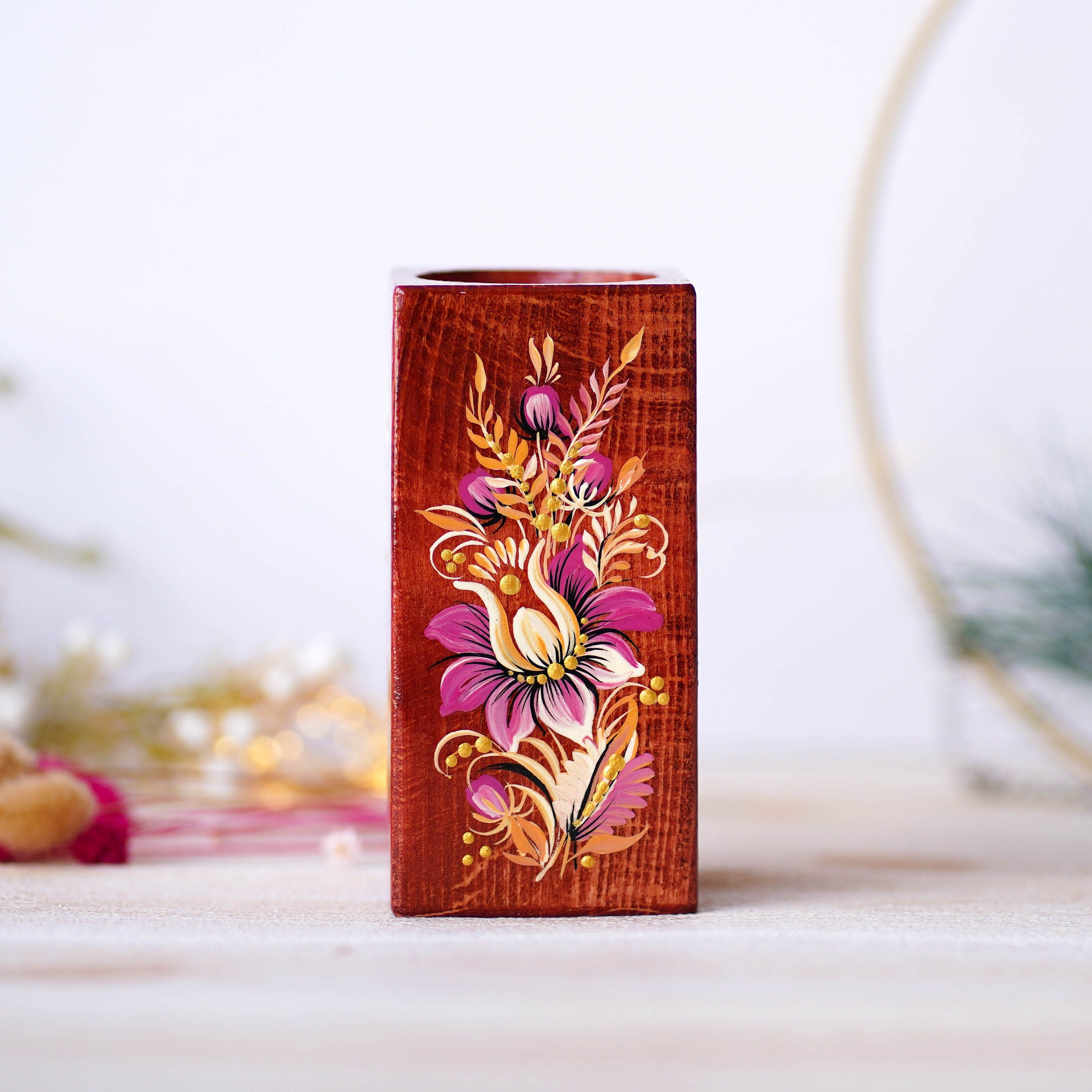 Personalized Wooden Pencil Holder - Handmade Pen Holder Pink Flower, Painted Ukrainian Petrykivka Art Desk Accessories, Wooden Pencil Cup