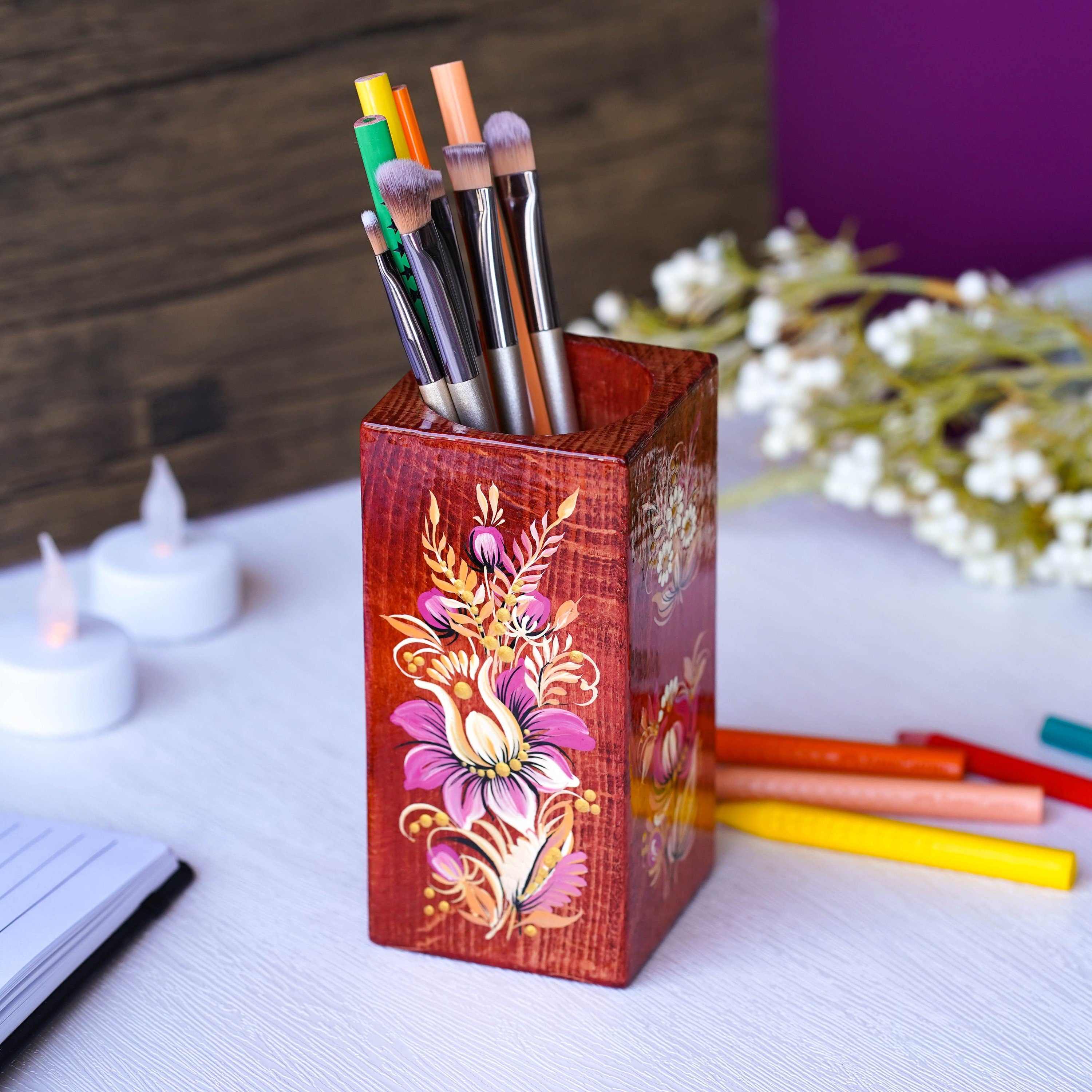 Personalized Wooden Pencil Holder - Handmade Pen Holder Pink Flower, Painted Ukrainian Petrykivka Art Desk Accessories, Wooden Pencil Cup