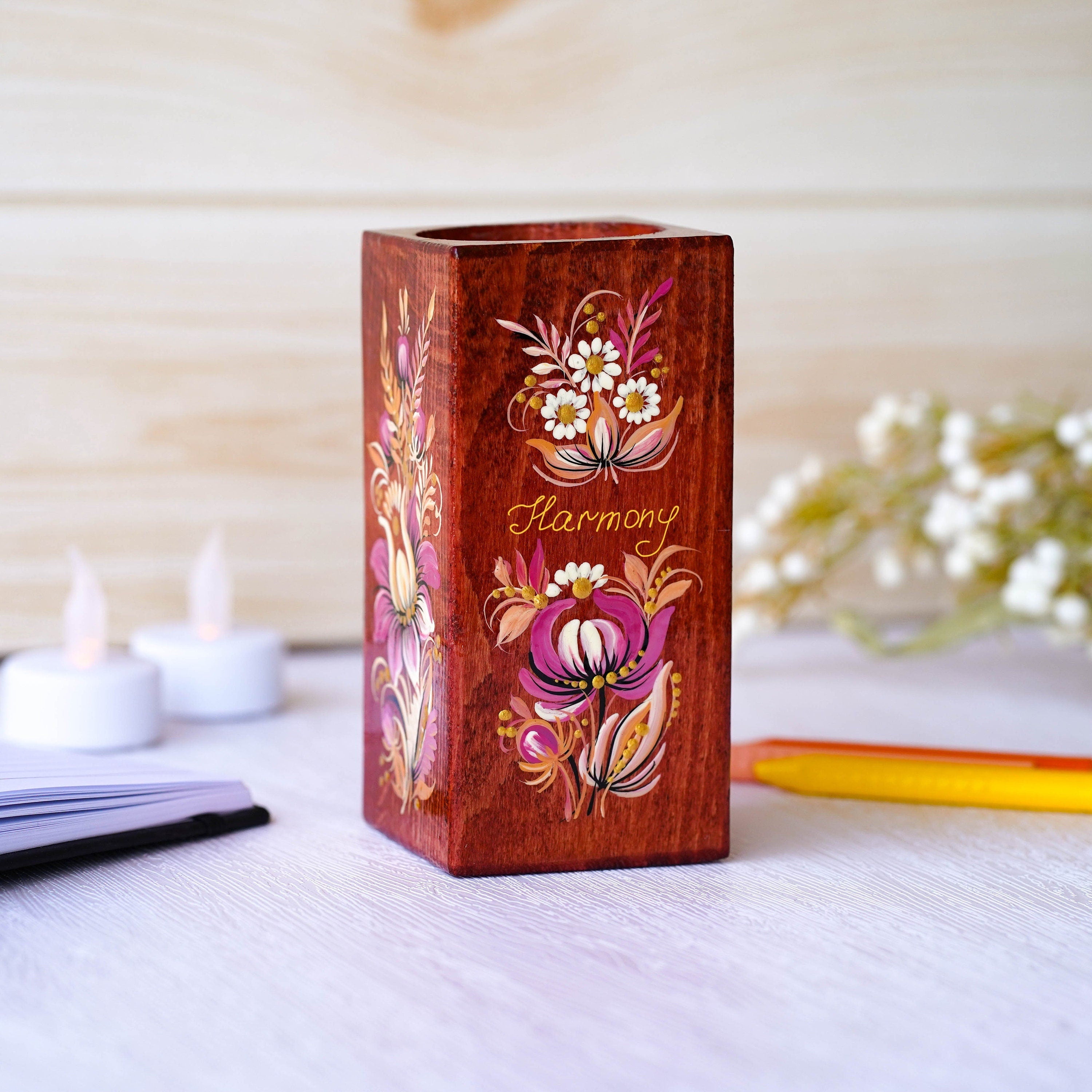 Personalized Wooden Pencil Holder - Handmade Pen Holder Pink Flower, Painted Ukrainian Petrykivka Art Desk Accessories, Wooden Pencil Cup