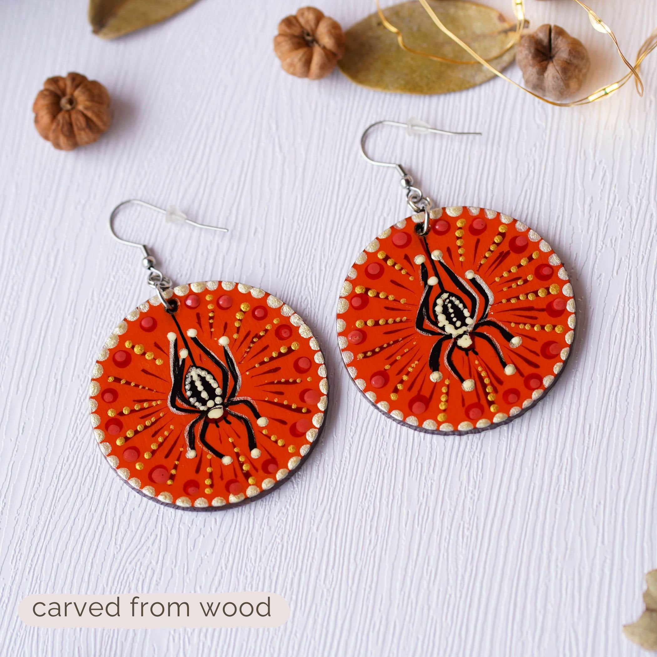 Painted Wooden Bat and Spider Earrings - Hypoallergenic Lightweight Orange Dangle Earrings, Halloween Statement Jewelry