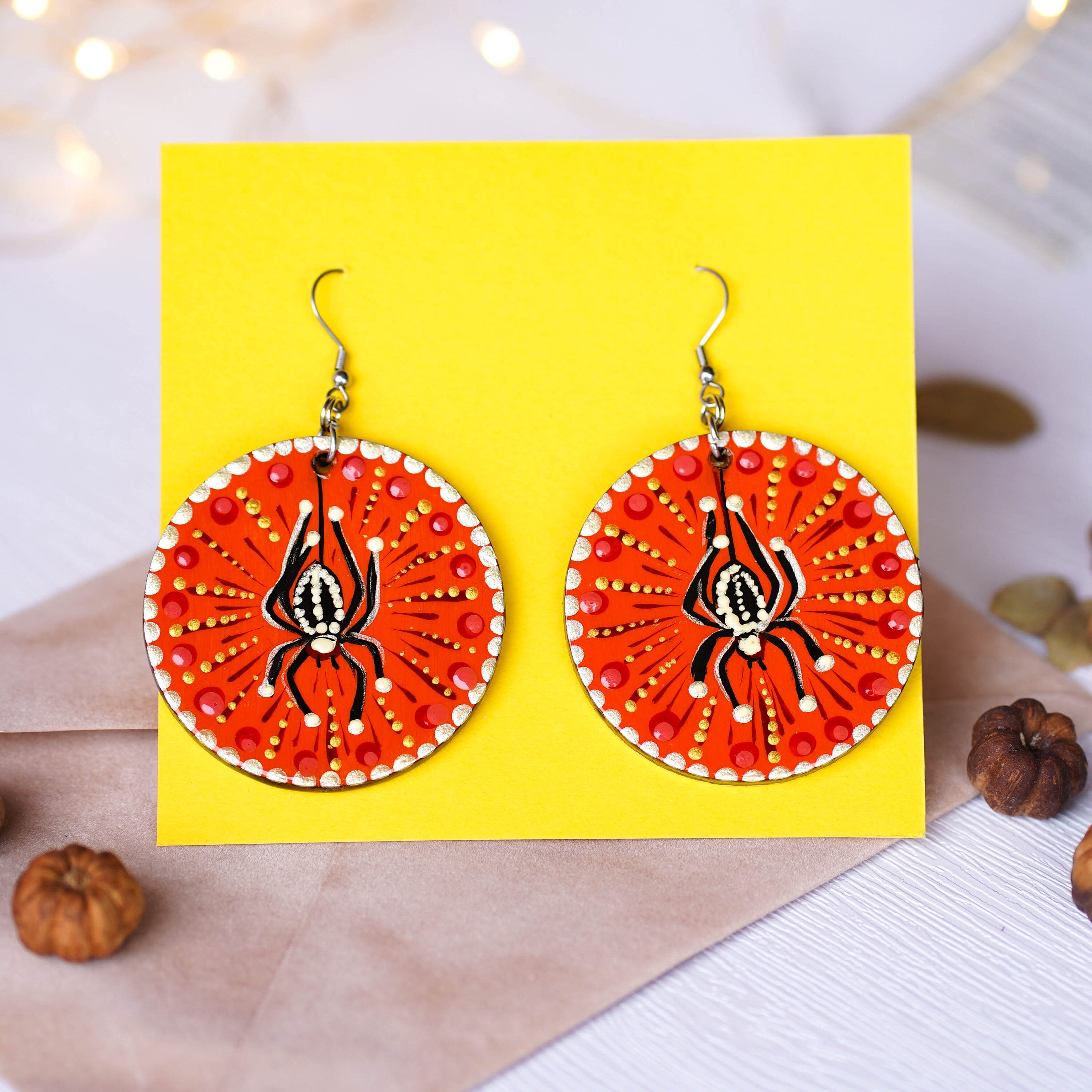 Painted Wooden Spider Earrings - Hypoallergenic Lightweight Orange Dangle Earrings, Halloween Bat Statement Jewelry