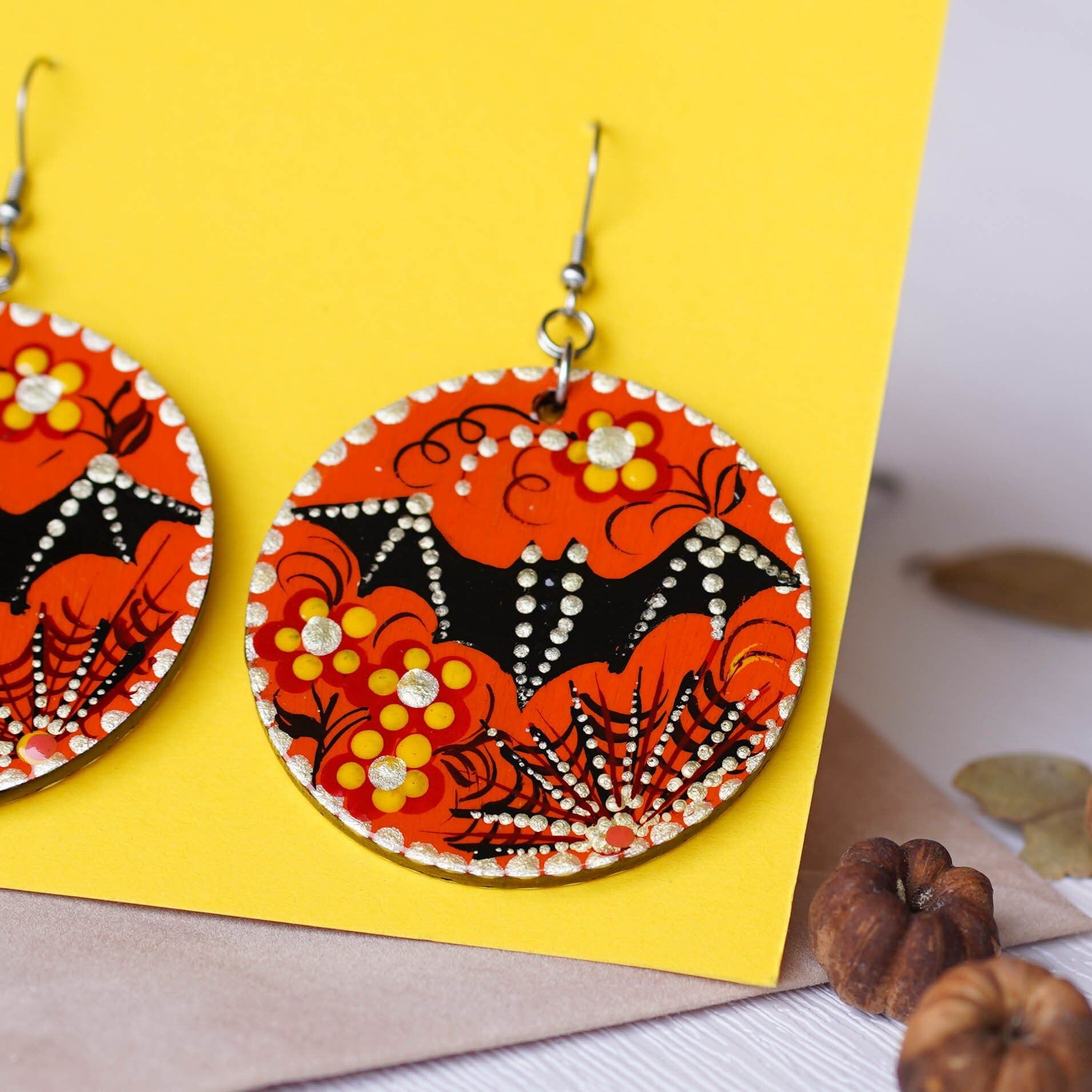 Painted Wooden Spider Earrings - Hypoallergenic Lightweight Orange Dangle Earrings, Halloween Bat Statement Jewelry