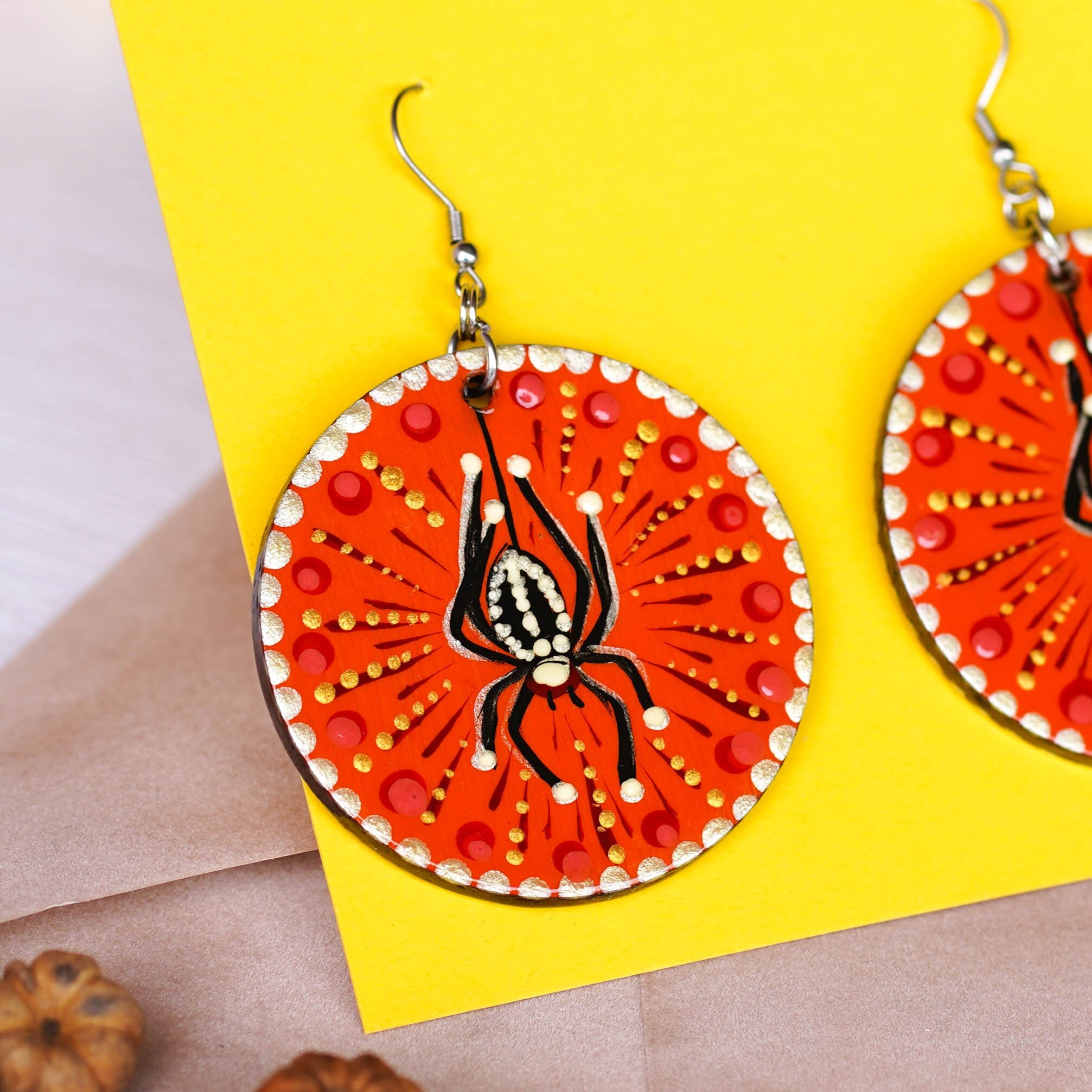 Painted Wooden Spider Earrings - Hypoallergenic Lightweight Orange Dangle Earrings, Halloween Bat Statement Jewelry