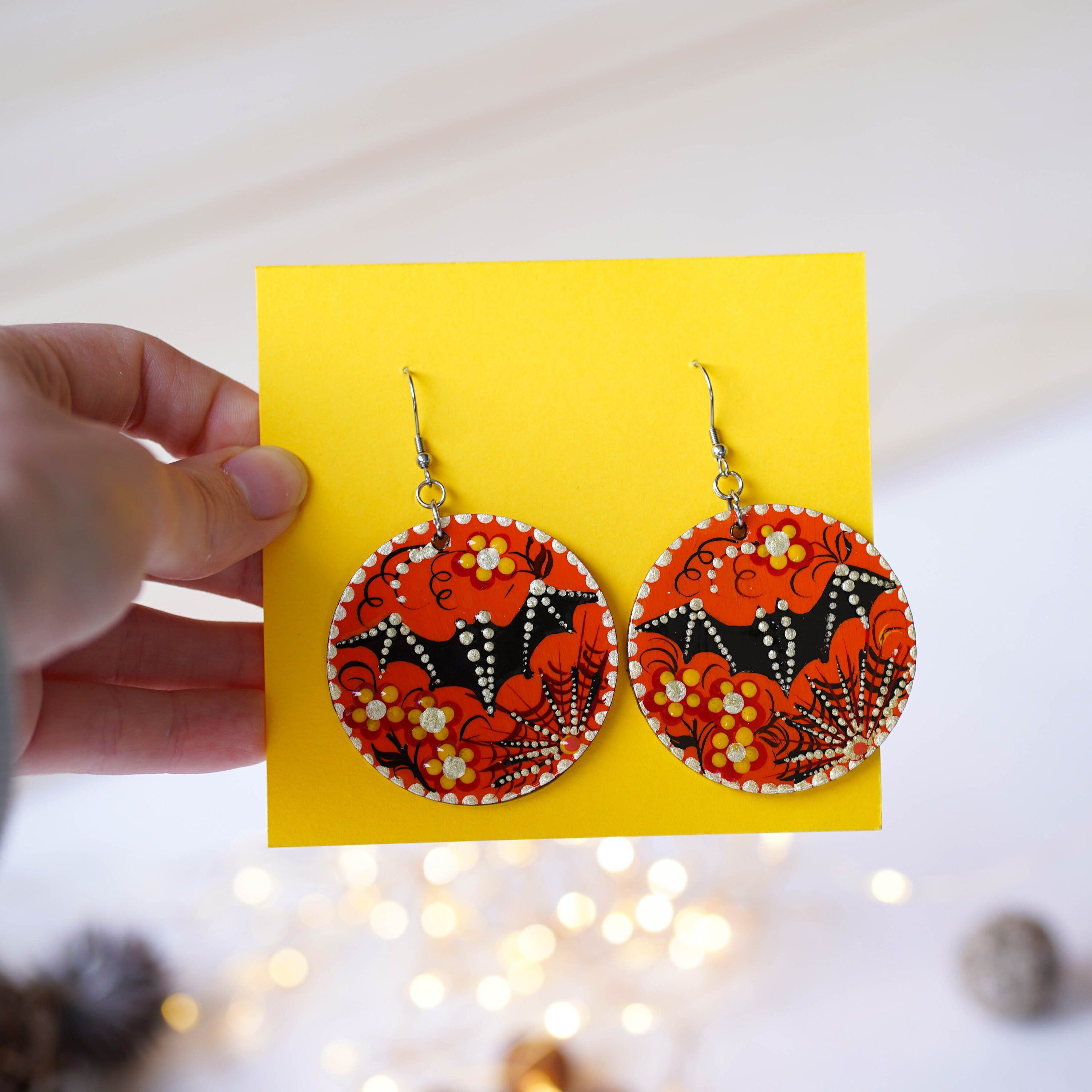 Painted Wooden Spider Earrings - Hypoallergenic Lightweight Orange Dangle Earrings, Halloween Bat Statement Jewelry