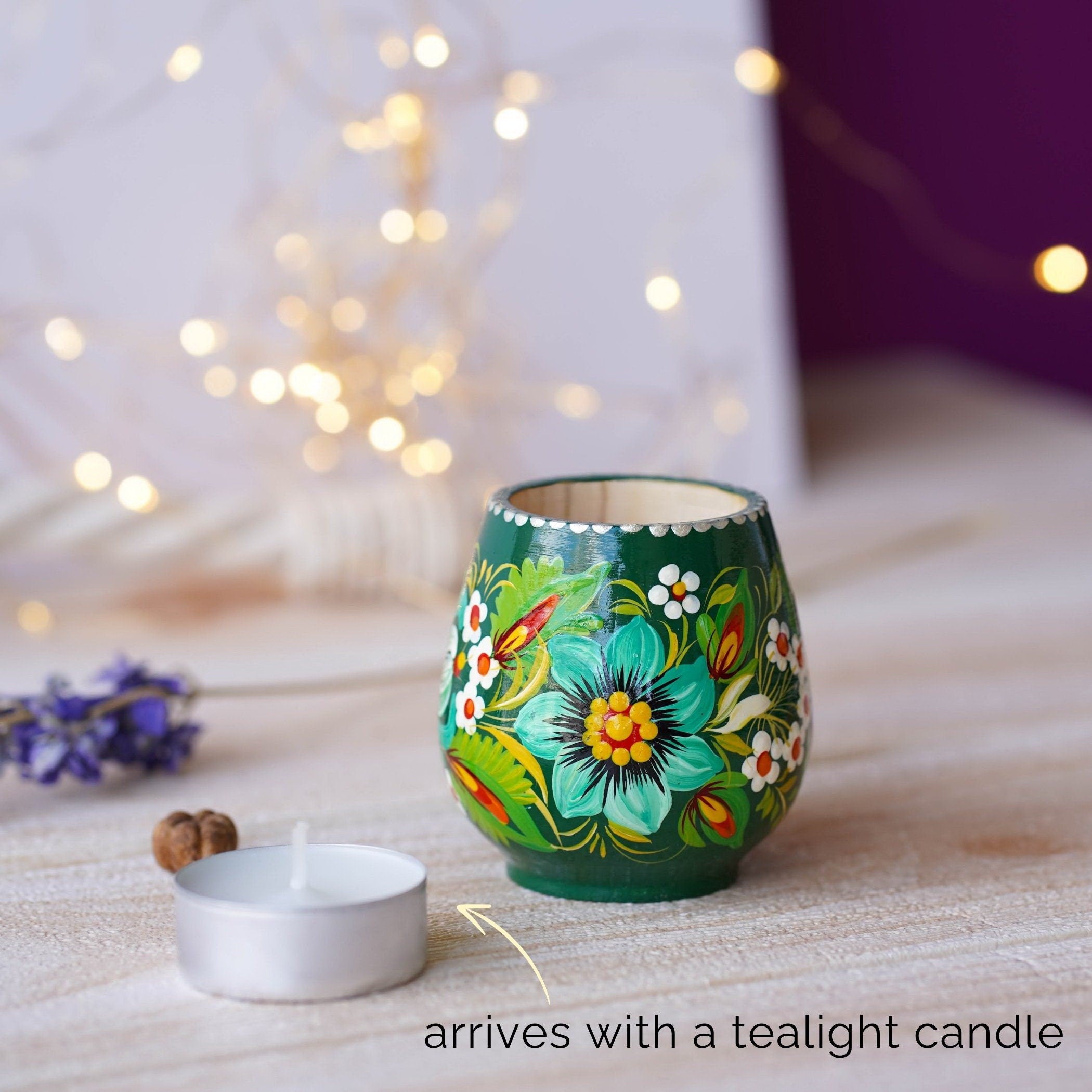 Ukrainian Painted Wooden Tea Light Candle Holder, Handmade Petrykivka Candle Holder, Emereld Green Flower Candle Holder with Candle