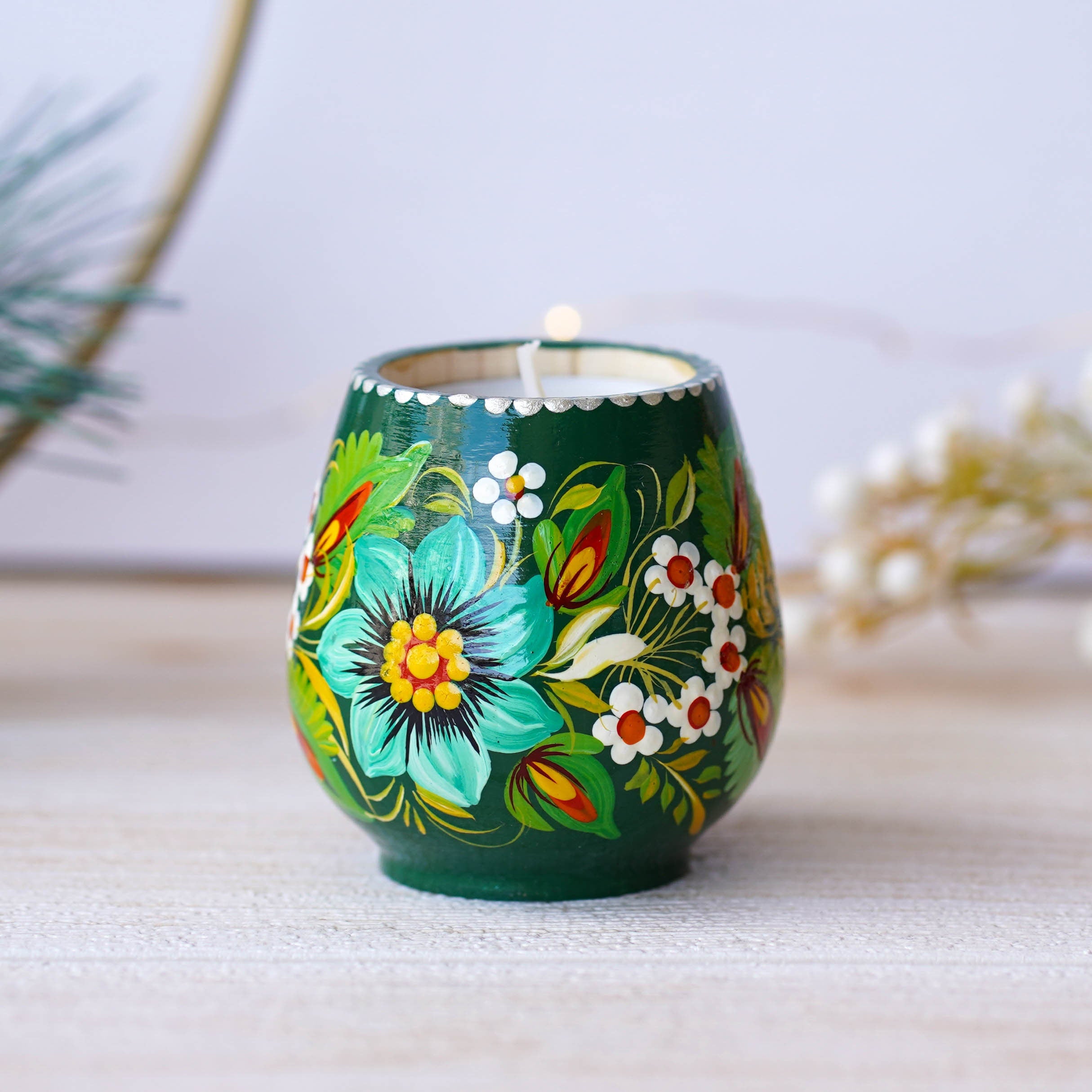 Ukrainian Painted Wooden Tea Light Candle Holder, Handmade Petrykivka Candle Holder, Emereld Green Flower Candle Holder with Candle