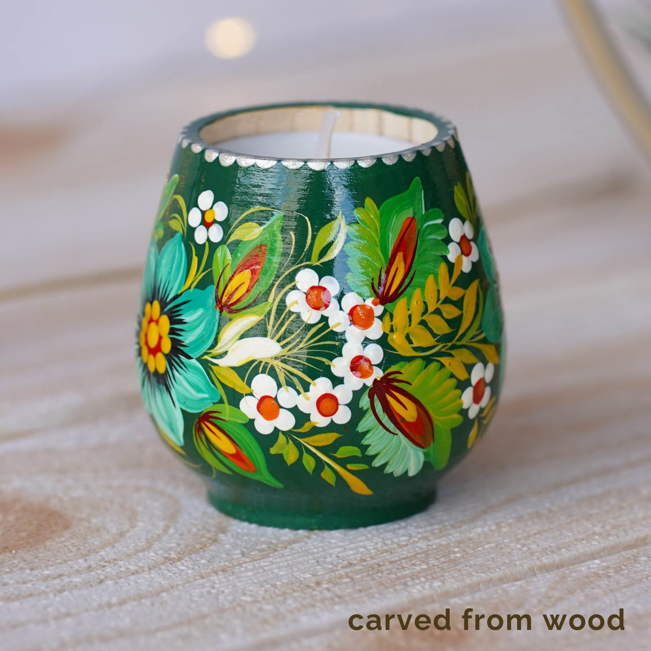 Ukrainian Painted Wooden Tea Light Candle Holder, Handmade Petrykivka Candle Holder, Emereld Green Flower Candle Holder with Candle