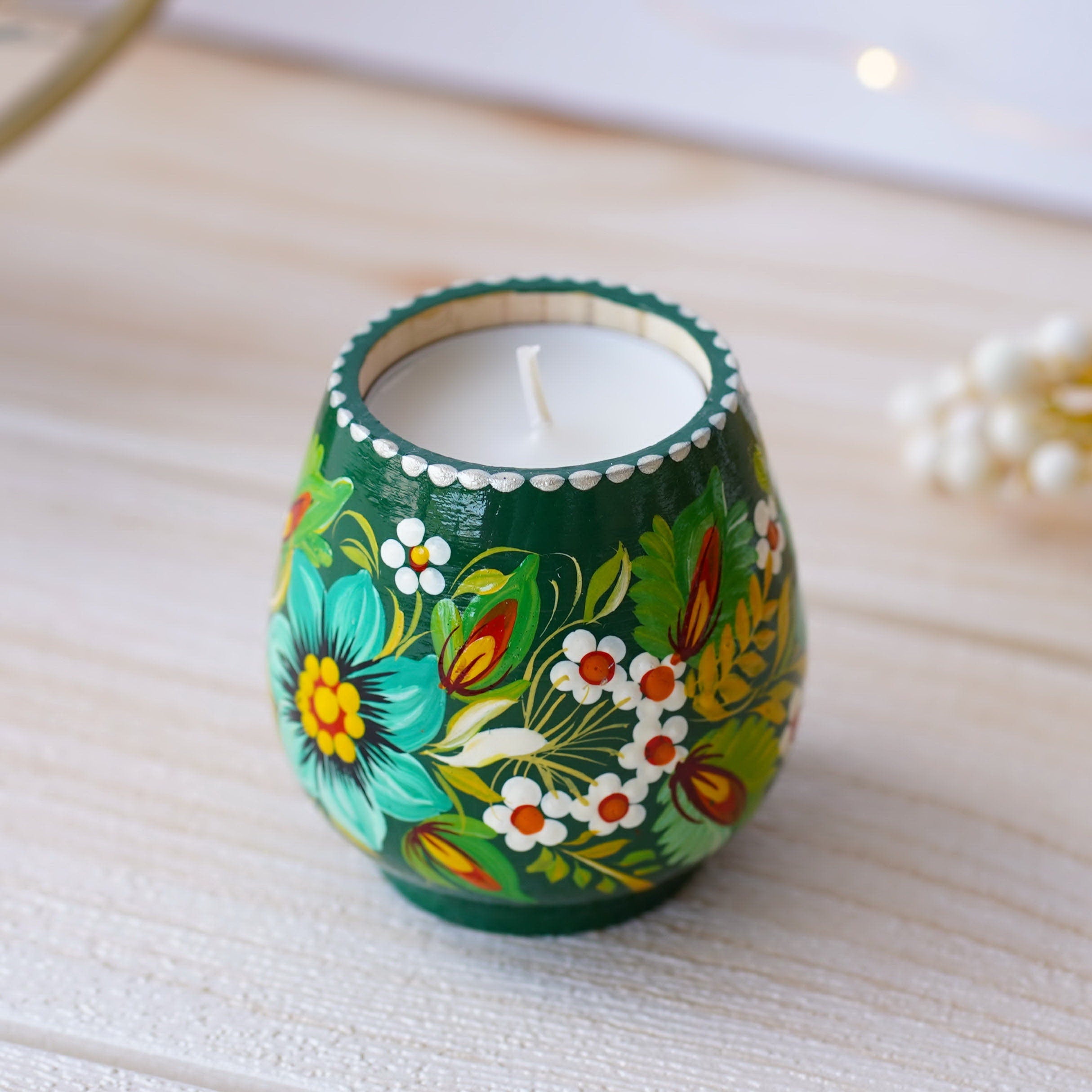 Ukrainian Painted Wooden Tea Light Candle Holder, Handmade Petrykivka Candle Holder, Emereld Green Flower Candle Holder with Candle