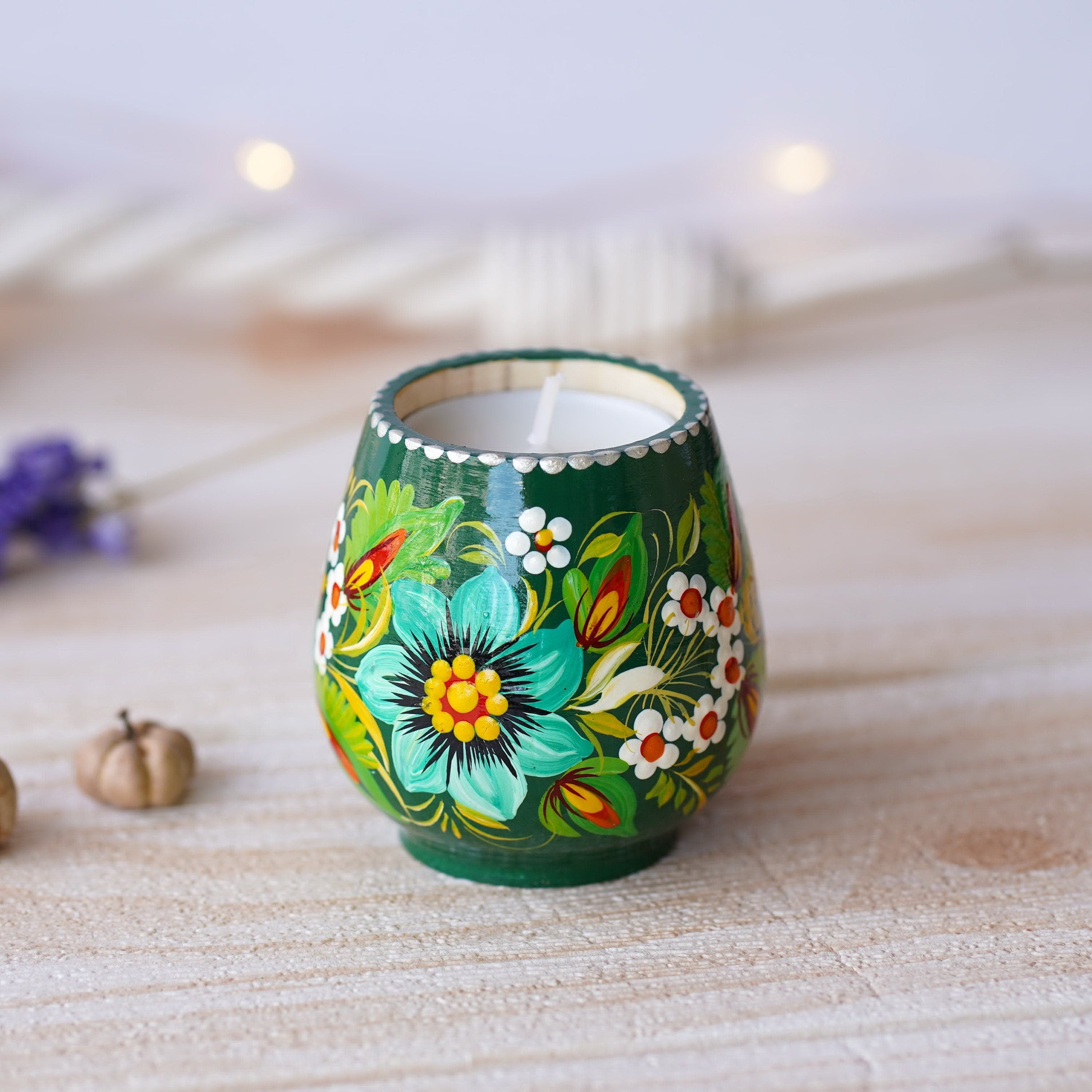 Ukrainian Painted Wooden Tea Light Candle Holder, Handmade Petrykivka Candle Holder, Emereld Green Flower Candle Holder with Candle