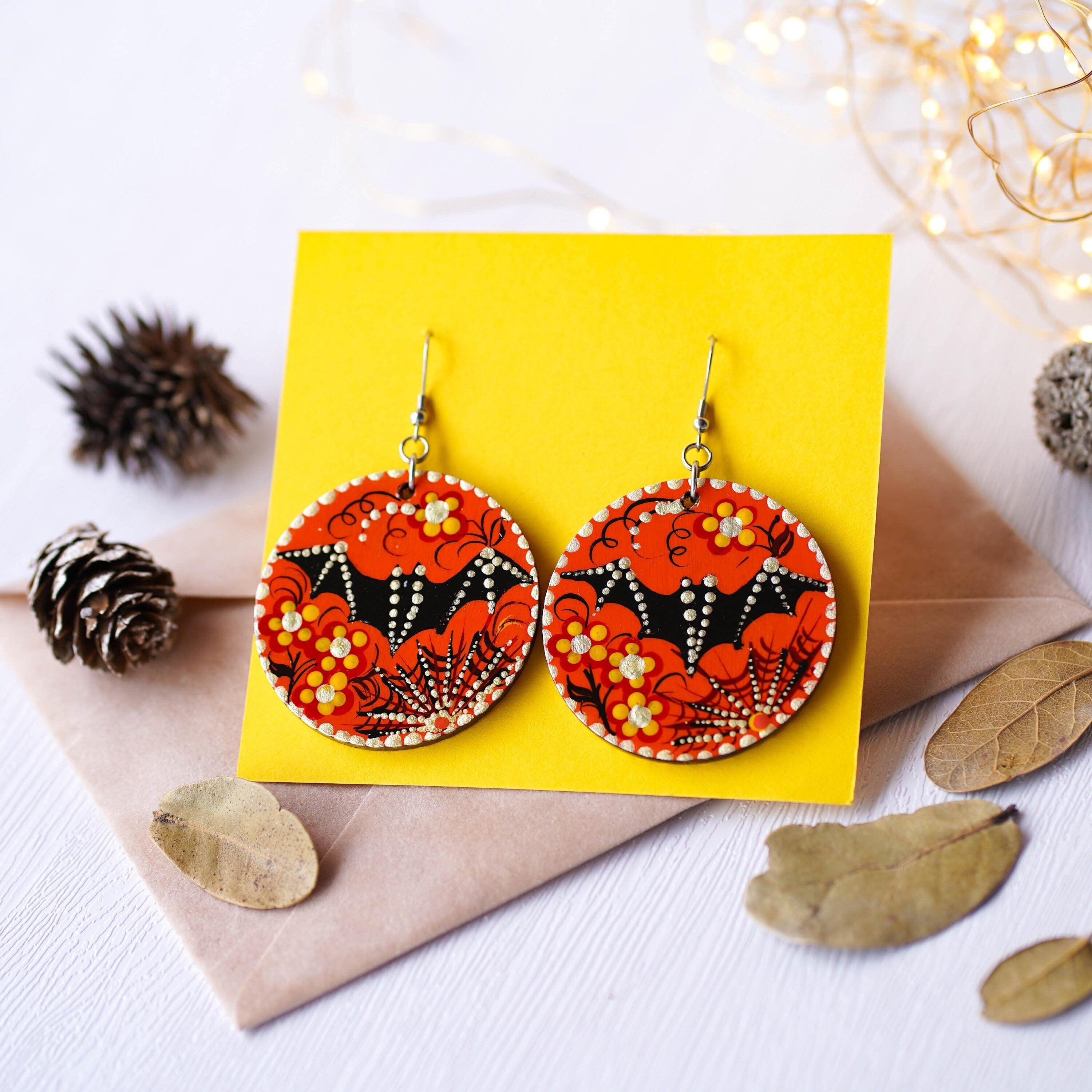 Painted Wooden Spider Earrings - Hypoallergenic Lightweight Orange Dangle Earrings, Halloween Bat Statement Jewelry