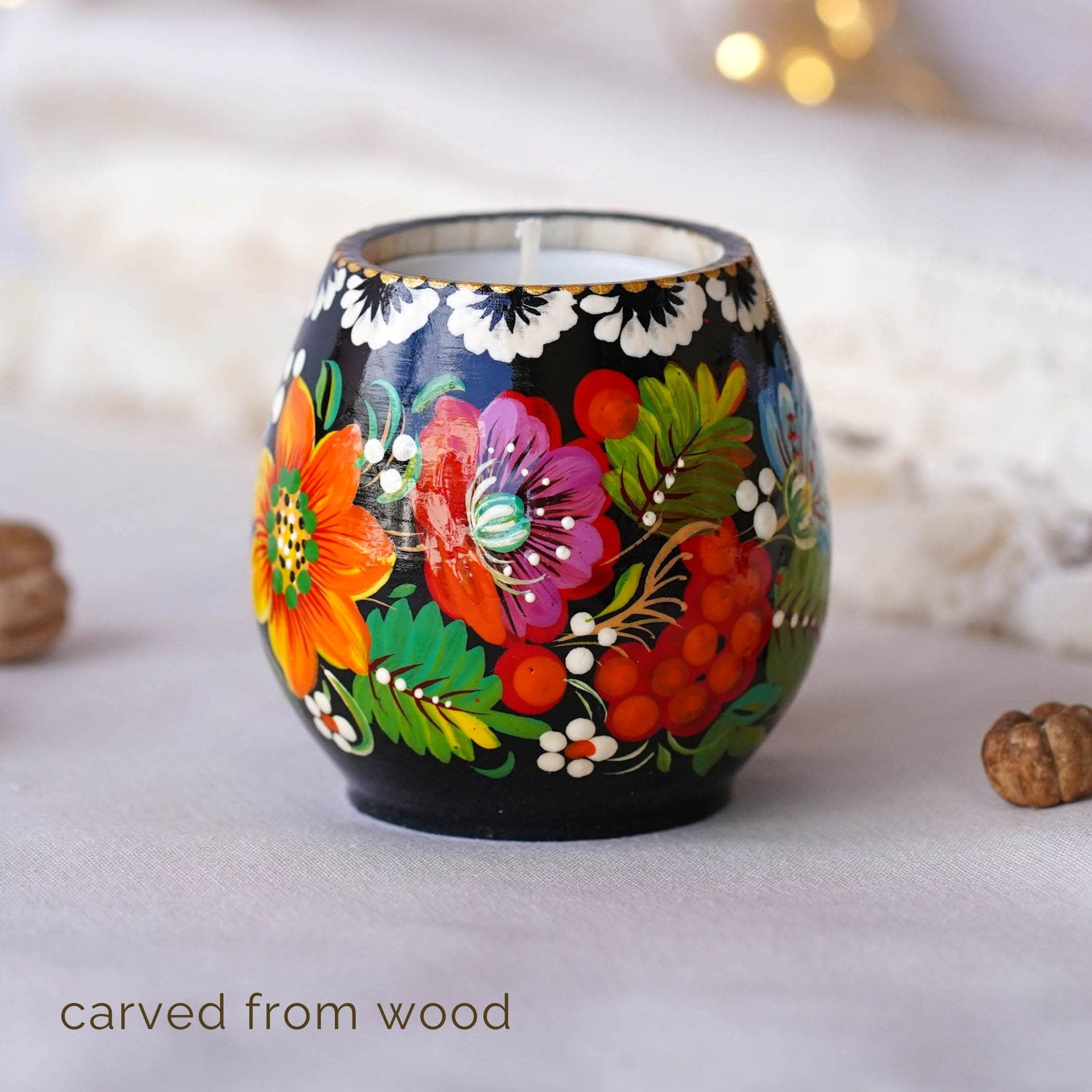 Ukrainian Painted Wooden Tea Light Candle Holder, Handmade Petrykivka Candle Holder, Yellow Sunflower Candle Holder with Candle