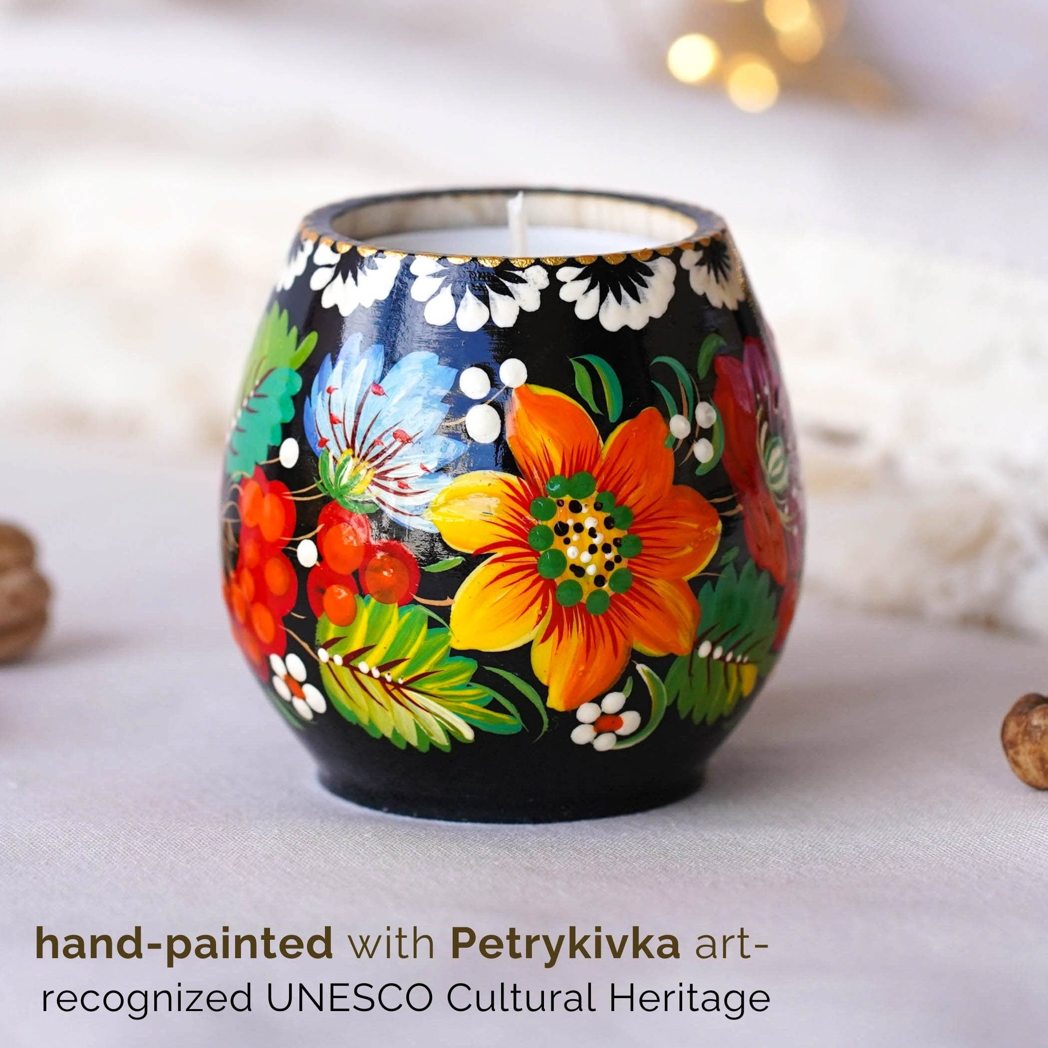 Ukrainian Painted Wooden Tea Light Candle Holder, Handmade Petrykivka Candle Holder, Yellow Sunflower Candle Holder with Candle