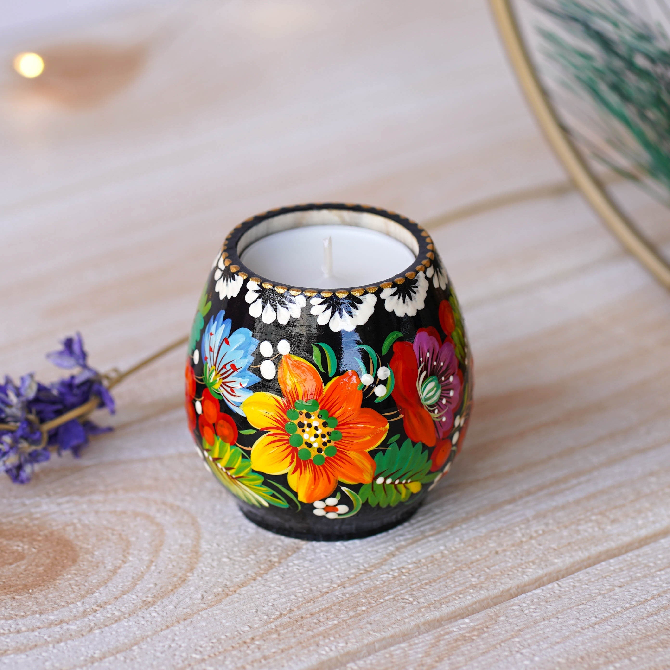 Ukrainian Painted Wooden Tea Light Candle Holder, Handmade Petrykivka Candle Holder, Yellow Sunflower Candle Holder with Candle