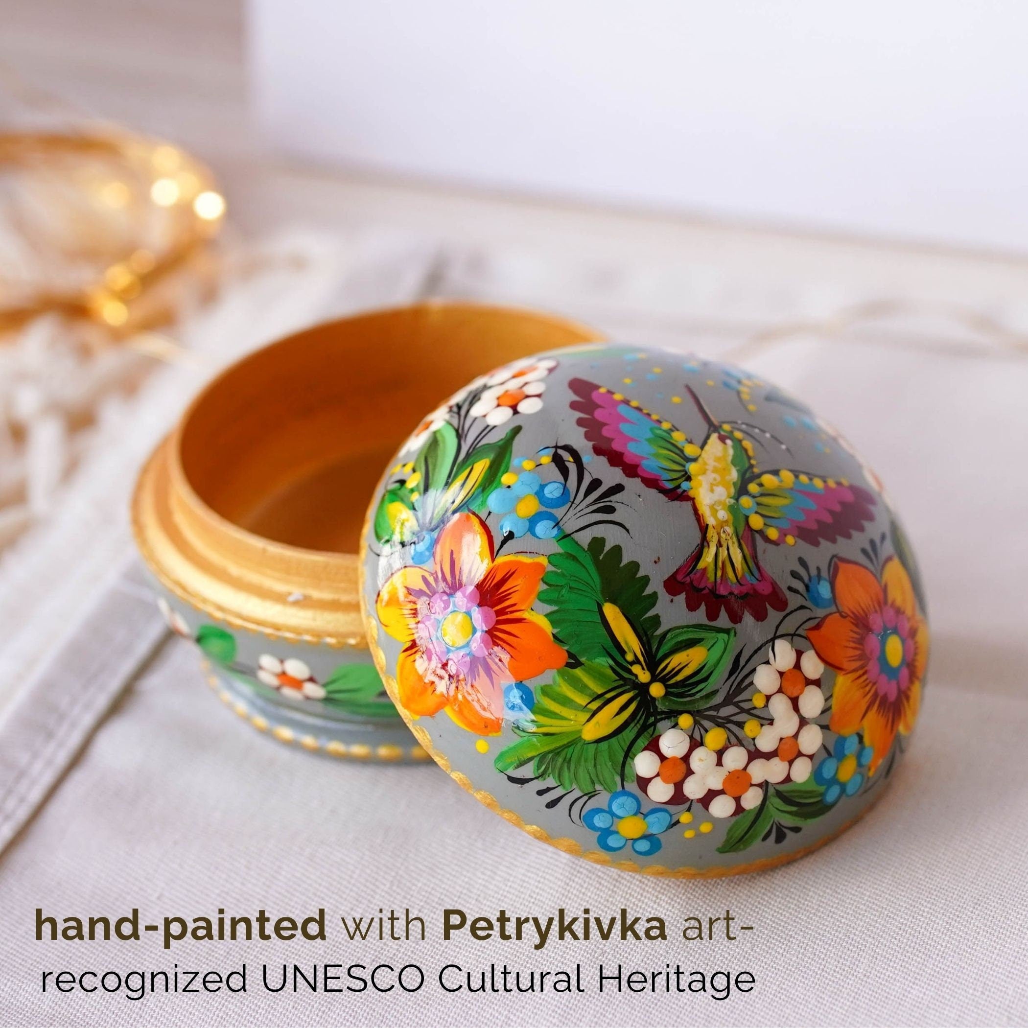 Painted Wooden Hummingbird Jewelry Box, Handmade Small Ring Box, Ukrainian Folk Art Petrykivka Sunflower Decorative Box, Cute Keepsake Box