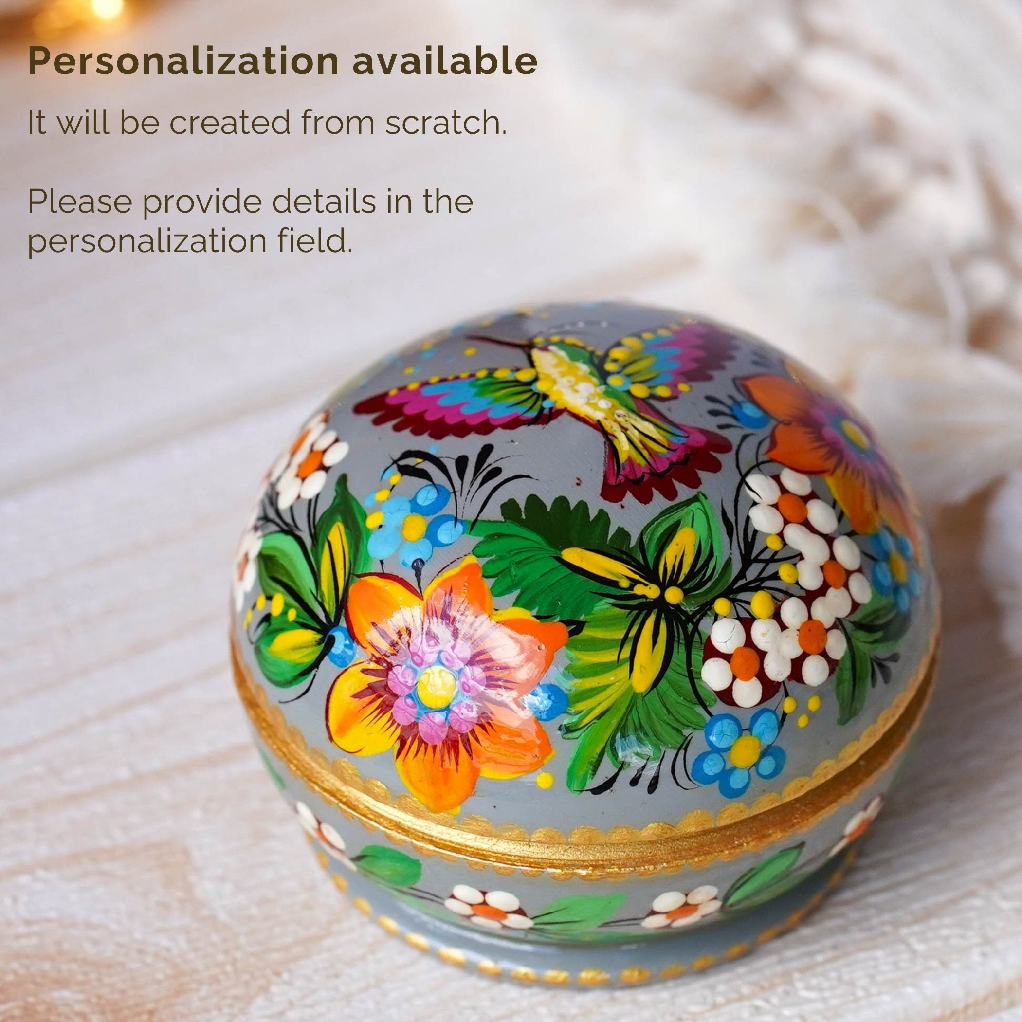 Painted Wooden Hummingbird Jewelry Box, Handmade Small Ring Box, Ukrainian Folk Art Petrykivka Sunflower Decorative Box, Cute Keepsake Box