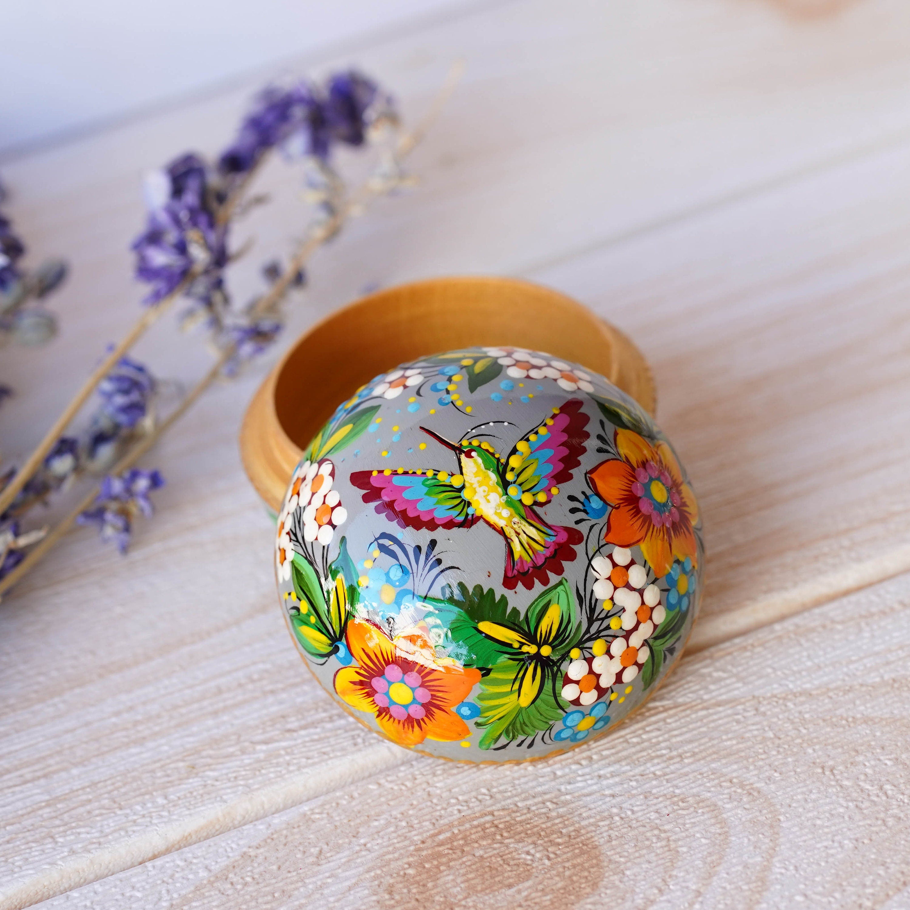 Painted Wooden Hummingbird Jewelry Box, Handmade Small Ring Box, Ukrainian Folk Art Petrykivka Sunflower Decorative Box, Cute Keepsake Box