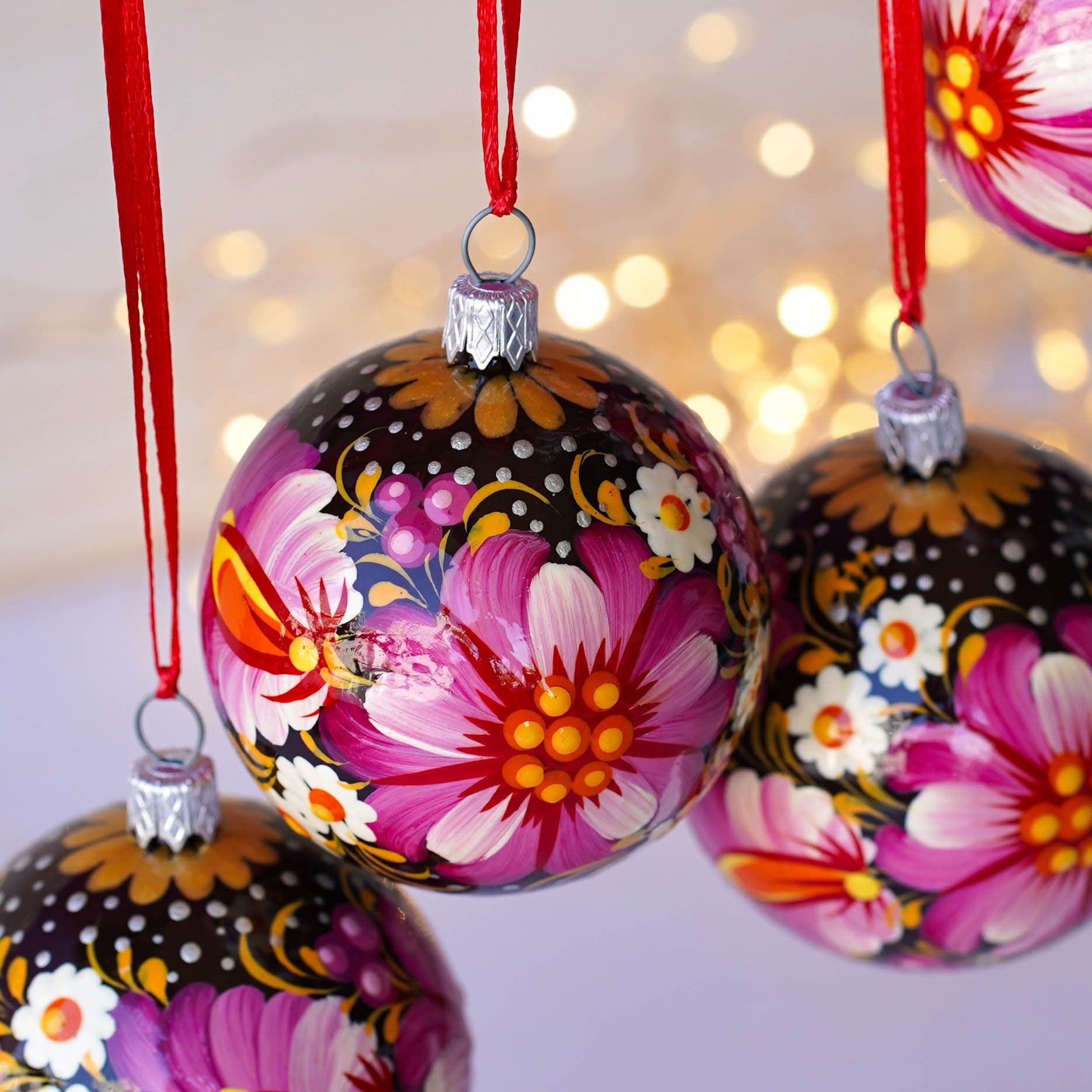 Christmas Ornament Set, Hand-painted Ukrainian Christmas Ball Ornaments 2.4 in with Petrykivka art, Unique Pink Flower Tree Decorations Set