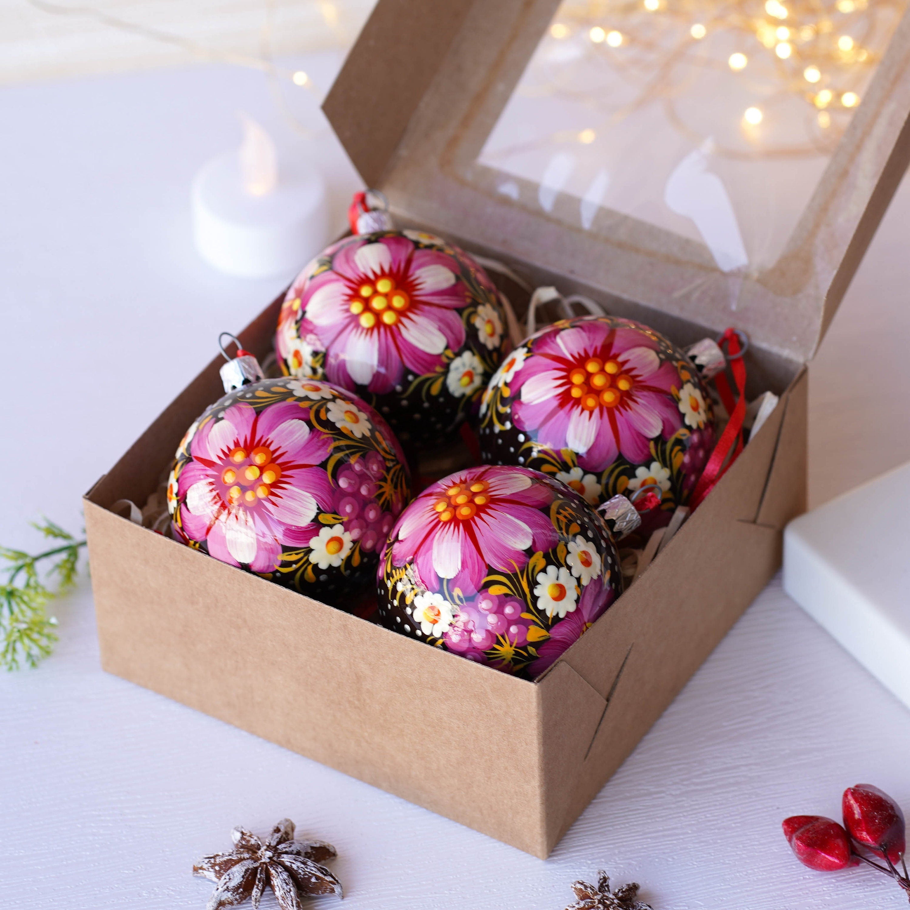 Christmas Ornament Set, Hand-painted Ukrainian Christmas Ball Ornaments 2.4 in with Petrykivka art, Unique Pink Flower Tree Decorations Set