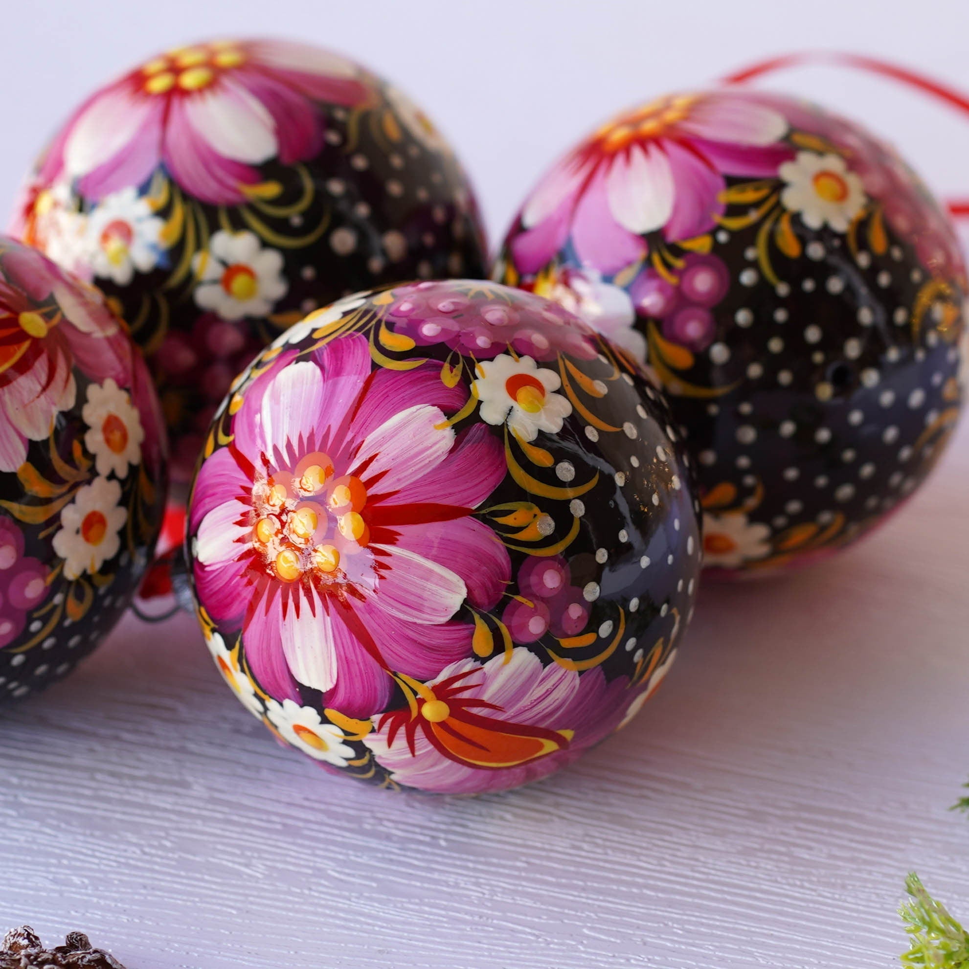 Christmas Ornament Set, Hand-painted Ukrainian Christmas Ball Ornaments 2.4 in with Petrykivka art, Unique Pink Flower Tree Decorations Set