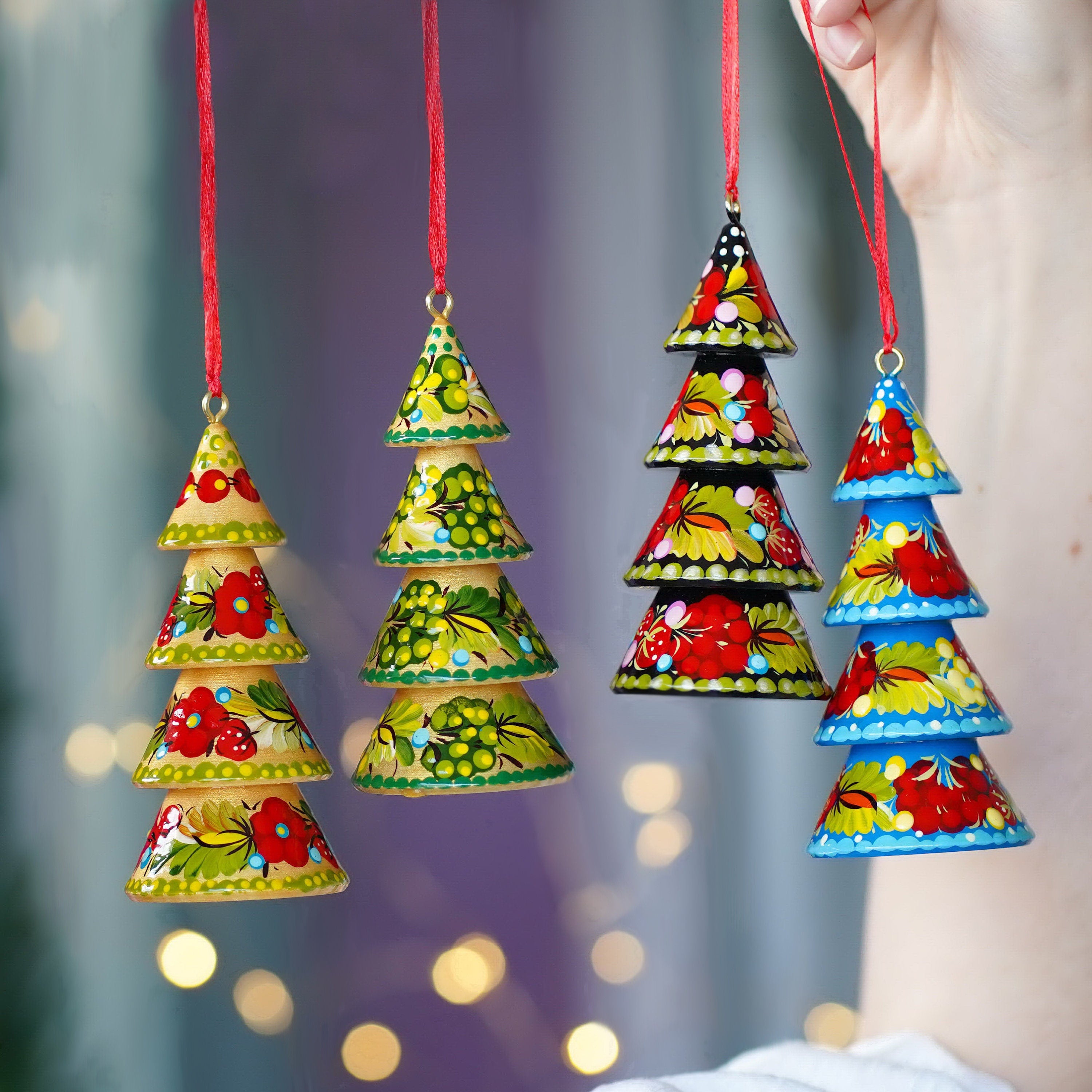 Set of 4 Painted Wooden Christmas Tree Ornaments, Handmade Ukrainian Petrykivka Art Christmas Decorations Tree-shaped, Mini Christmas Trees