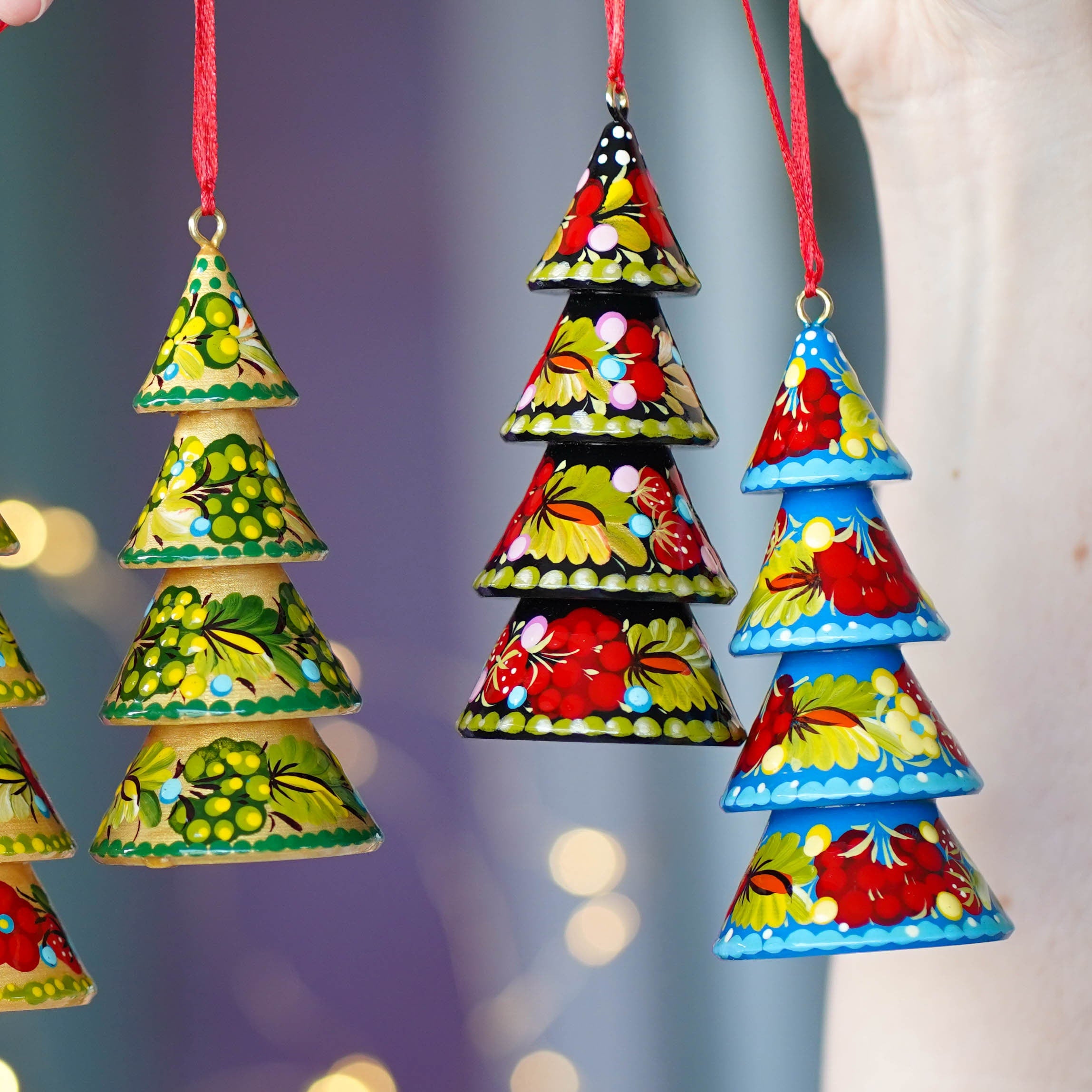 Set of 4 Painted Wooden Christmas Tree Ornaments, Handmade Ukrainian Petrykivka Art Christmas Decorations Tree-shaped, Mini Christmas Trees