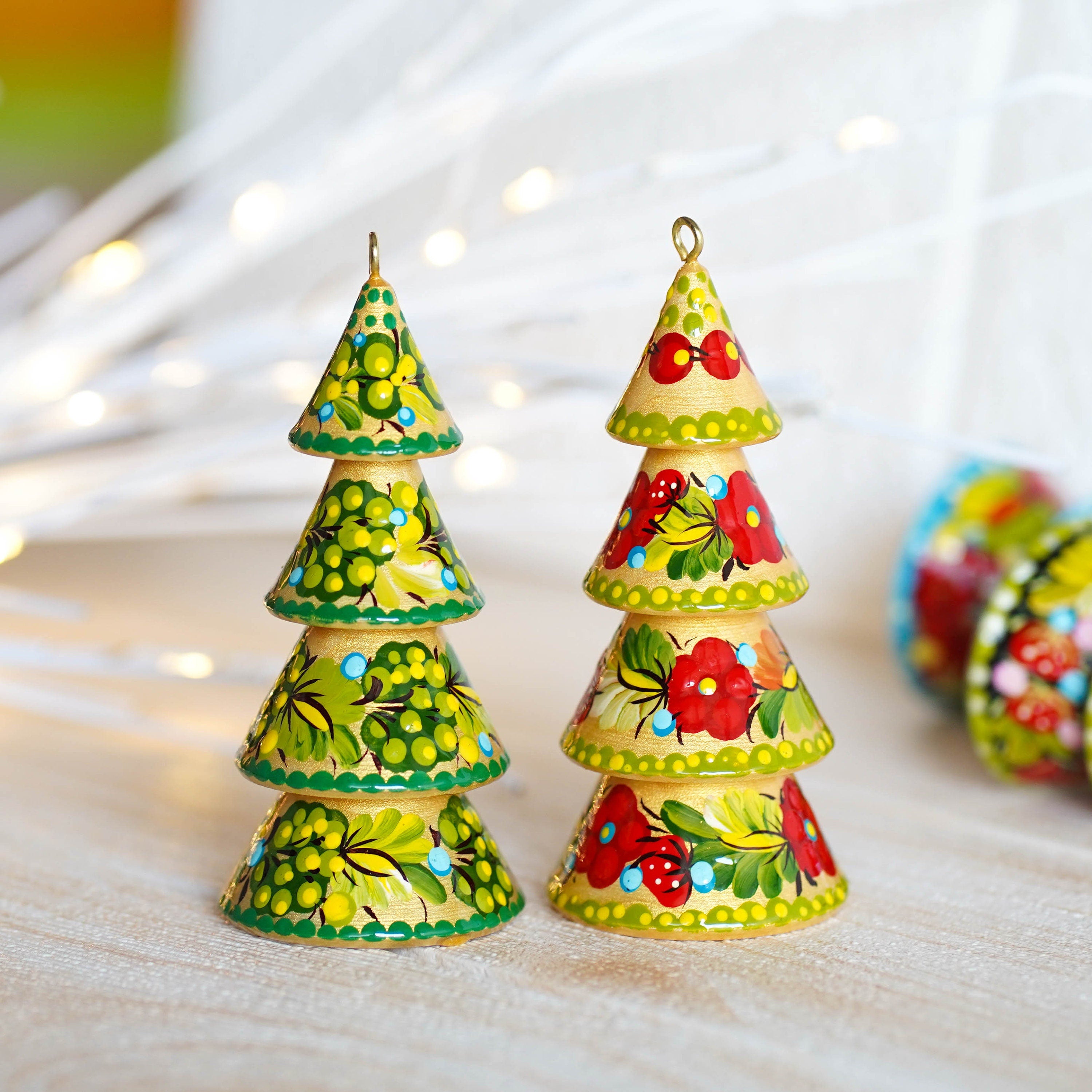 Set of 4 Painted Wooden Christmas Tree Ornaments, Handmade Ukrainian Petrykivka Art Christmas Decorations Tree-shaped, Mini Christmas Trees