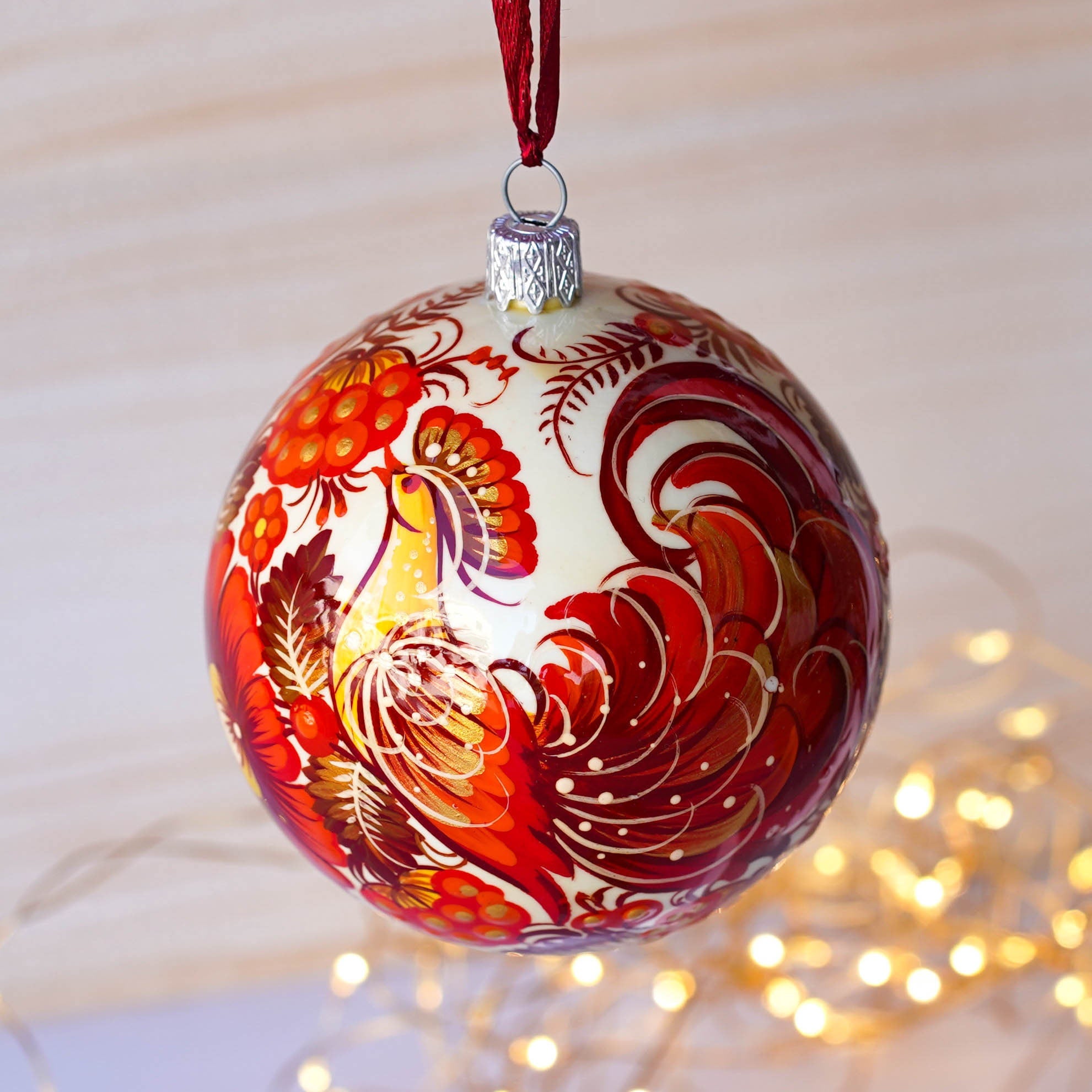 Painted Red Bird Christmas Ball Ornament 3.14 in - Handmade Ukrainian Petrykivka Ornament with Fairy Bird, Unique Red Flower Bauble