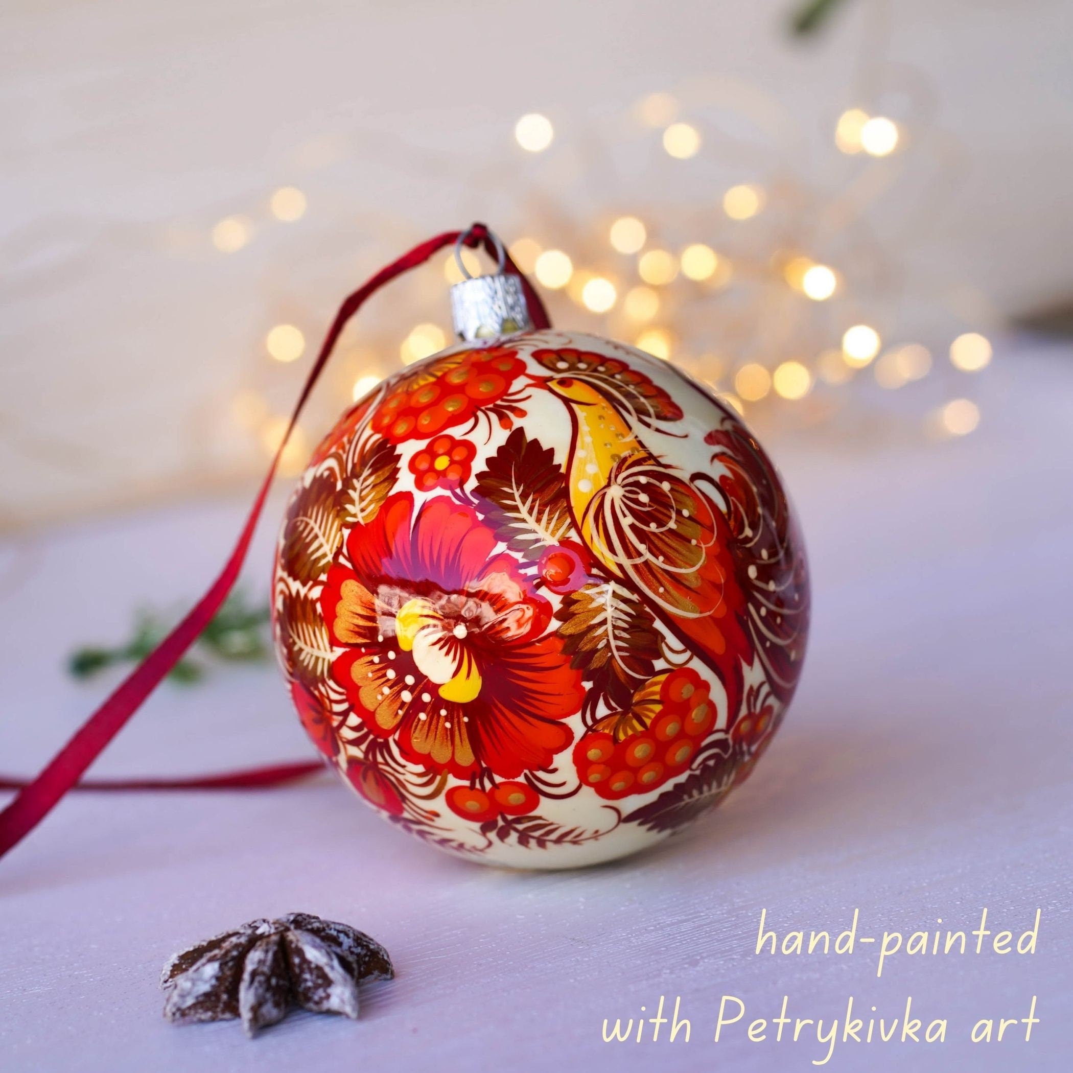 Painted Red Bird Christmas Ball Ornament 3.14 in - Handmade Ukrainian Petrykivka Ornament with Fairy Bird, Unique Red Flower Bauble