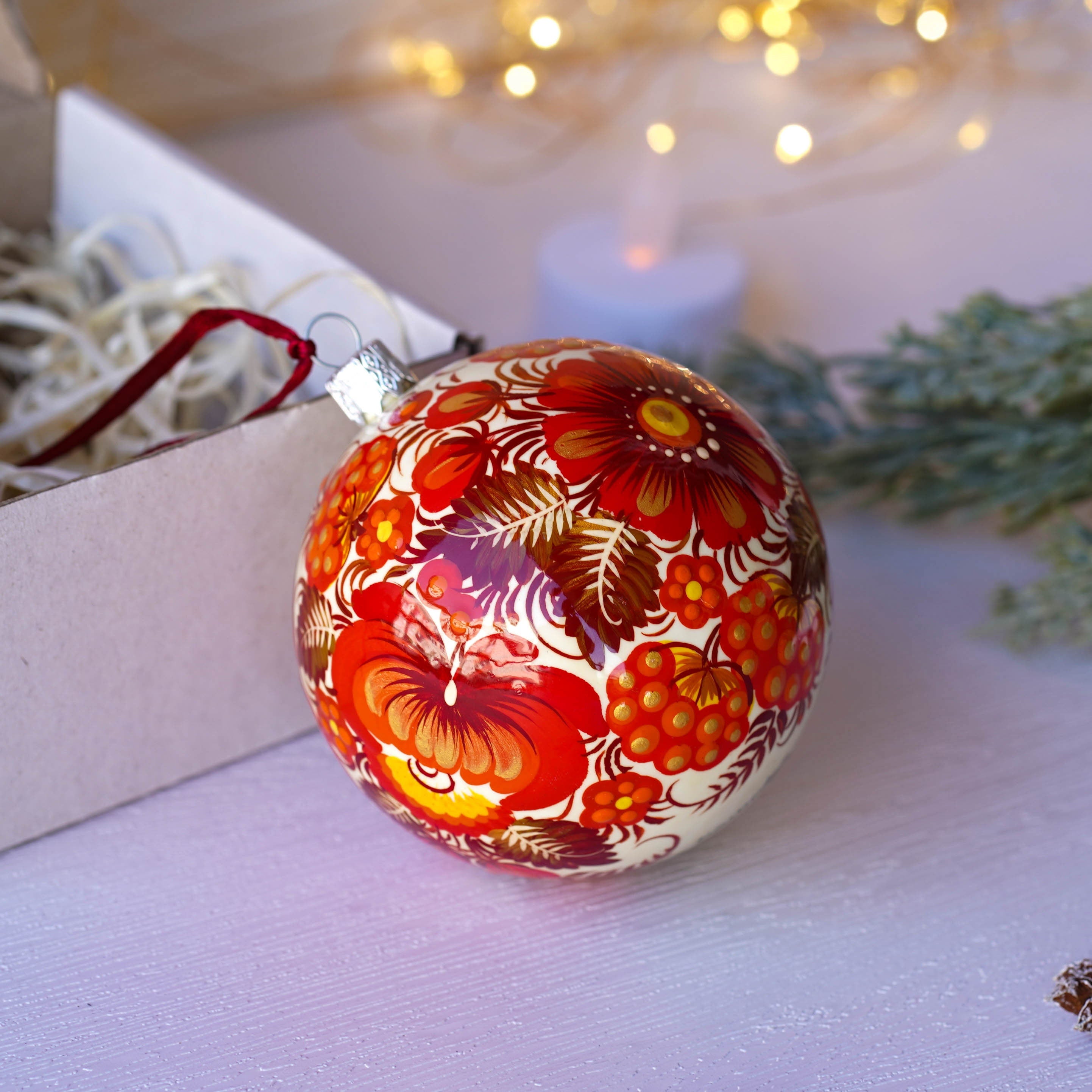 Painted Red Bird Christmas Ball Ornament 3.14 in - Handmade Ukrainian Petrykivka Ornament with Fairy Bird, Unique Red Flower Bauble