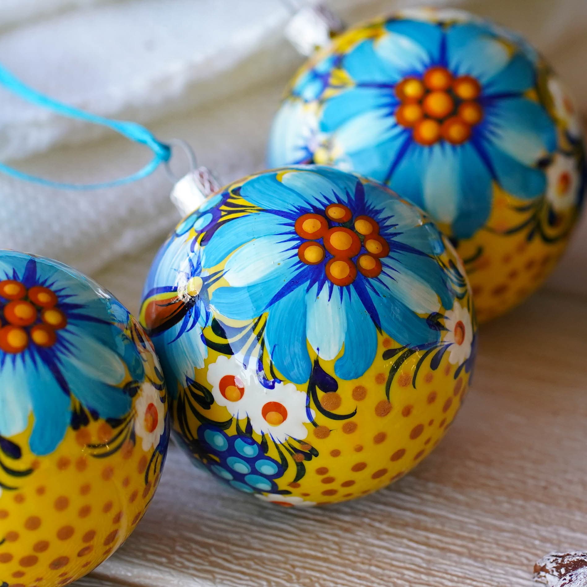 Painted Ukrainian Christmas Ornament Set, Handmade Blue & Yellow Flower Christmas Ball Ornaments 2.4 in with Petrykivka Art