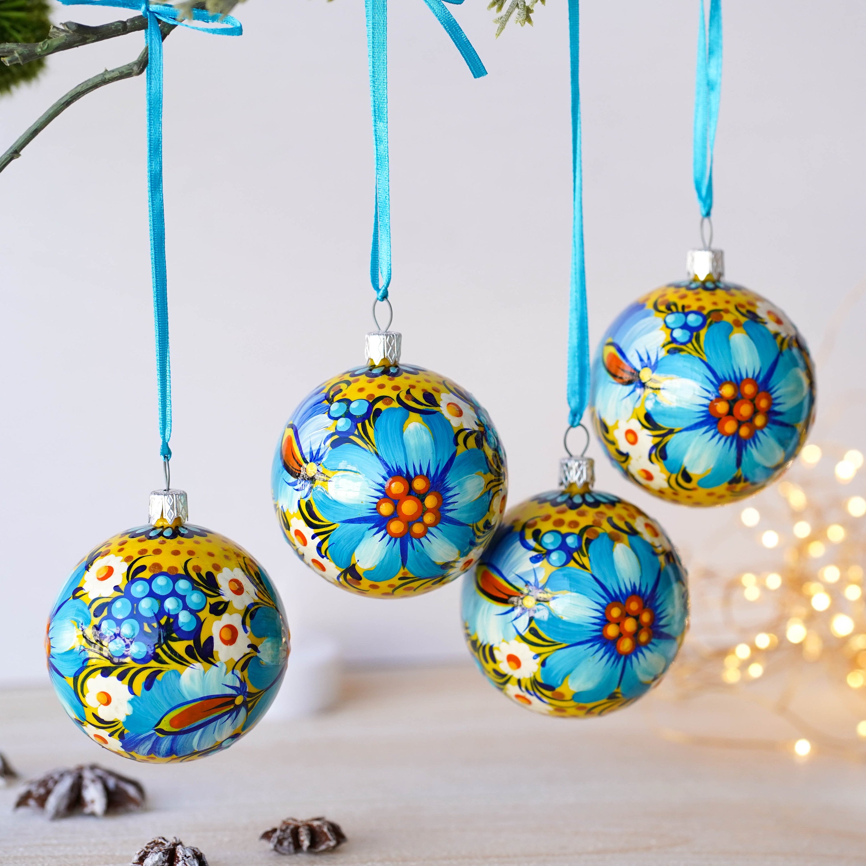 Painted Ukrainian Christmas Ornament Set, Handmade Blue & Yellow Flower Christmas Ball Ornaments 2.4 in with Petrykivka Art