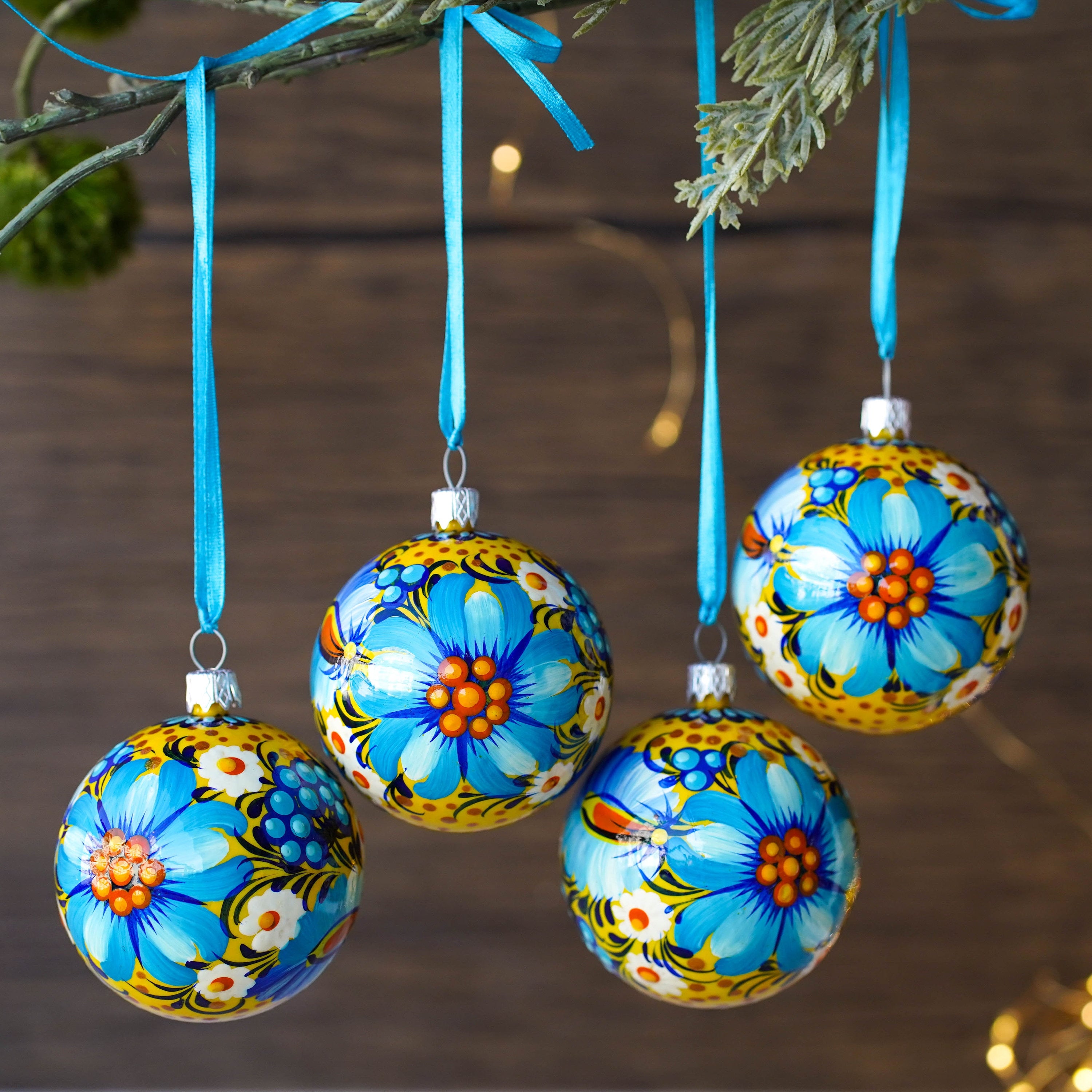 Painted Ukrainian Christmas Ornament Set, Handmade Blue & Yellow Flower Christmas Ball Ornaments 2.4 in with Petrykivka Art