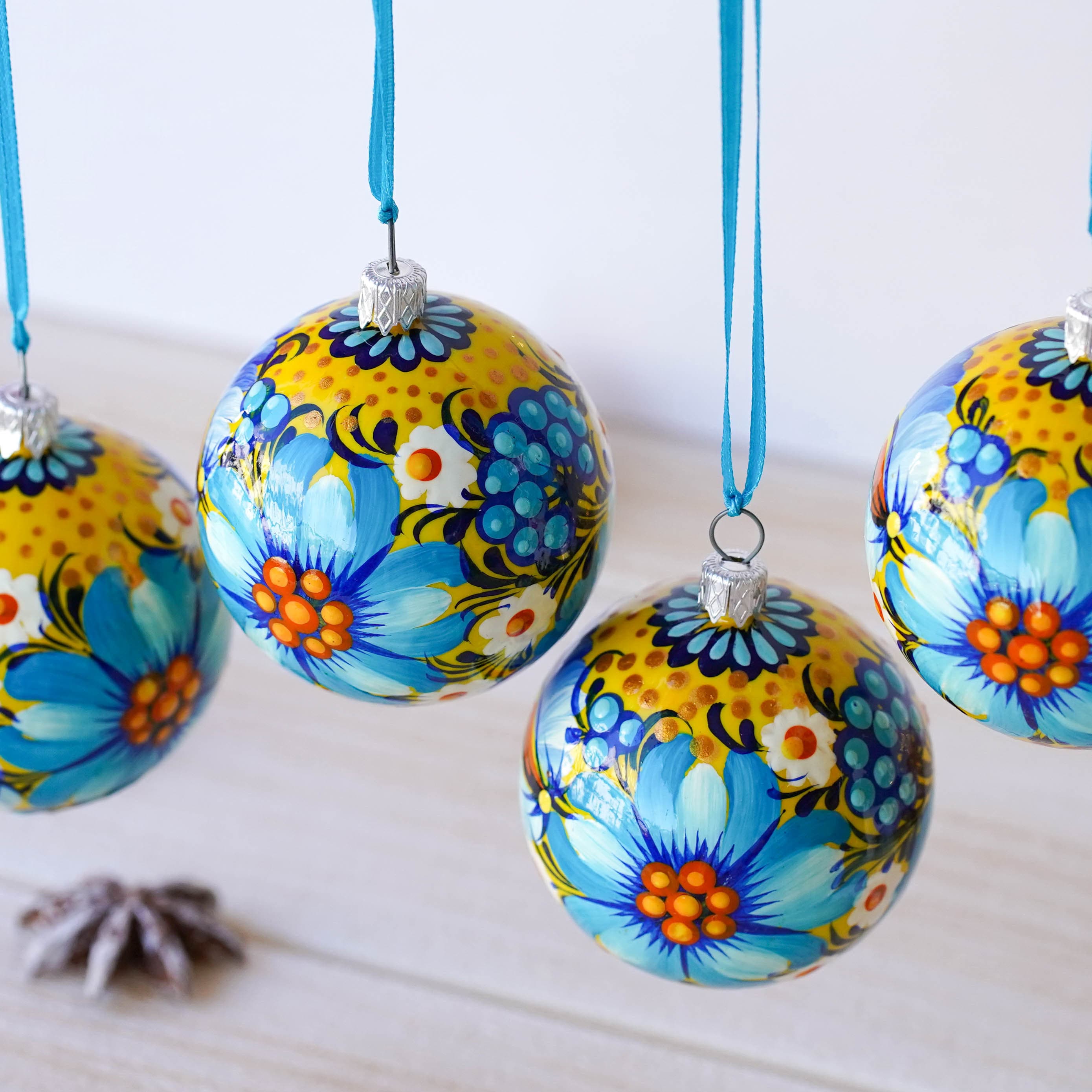 Painted Ukrainian Christmas Ornament Set, Handmade Blue & Yellow Flower Christmas Ball Ornaments 2.4 in with Petrykivka Art