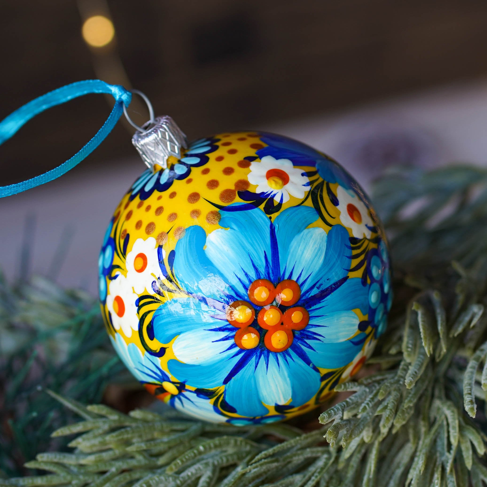 Painted Ukrainian Christmas Ornament Set, Handmade Blue & Yellow Flower Christmas Ball Ornaments 2.4 in with Petrykivka Art