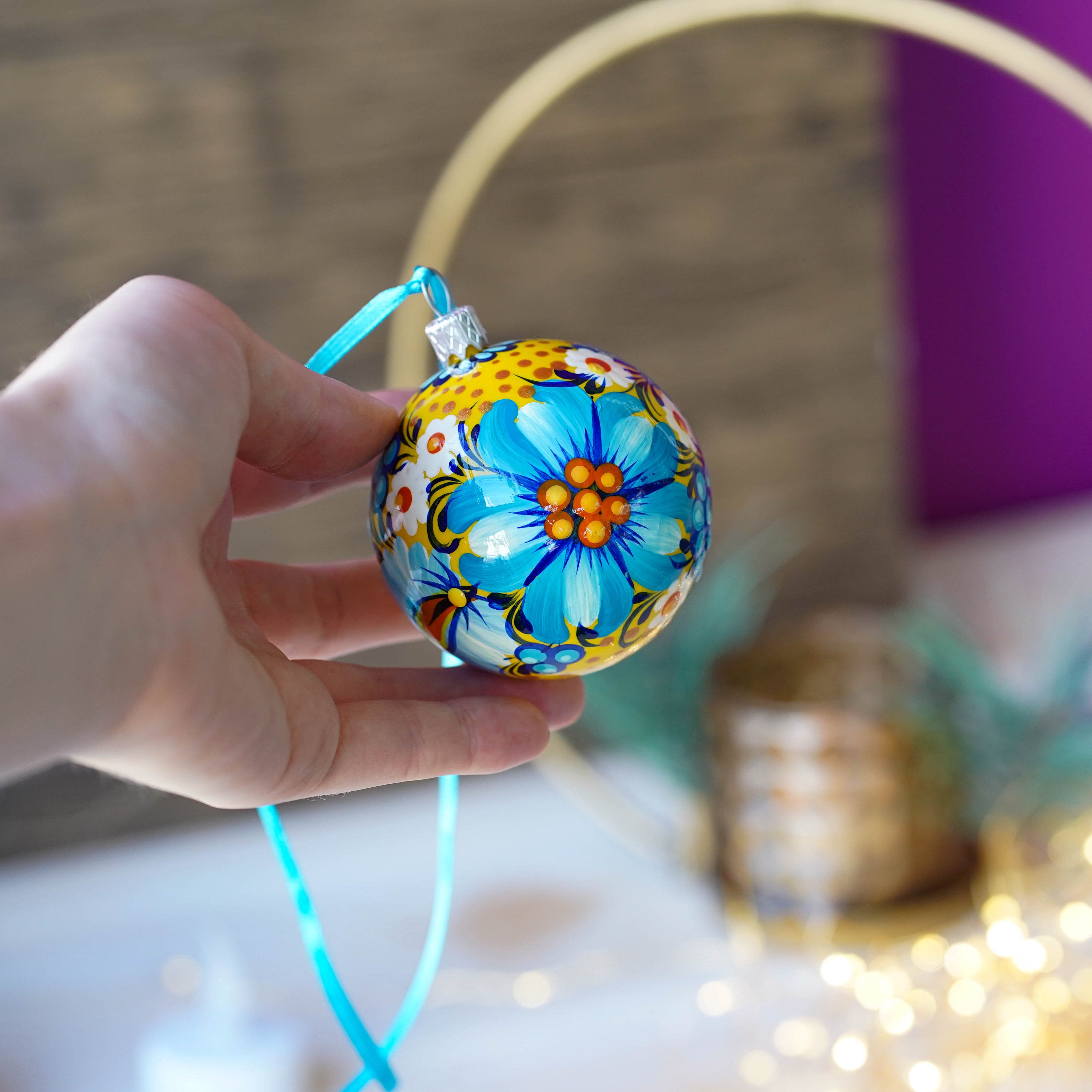 Painted Ukrainian Christmas Ornament Set, Handmade Blue & Yellow Flower Christmas Ball Ornaments 2.4 in with Petrykivka Art