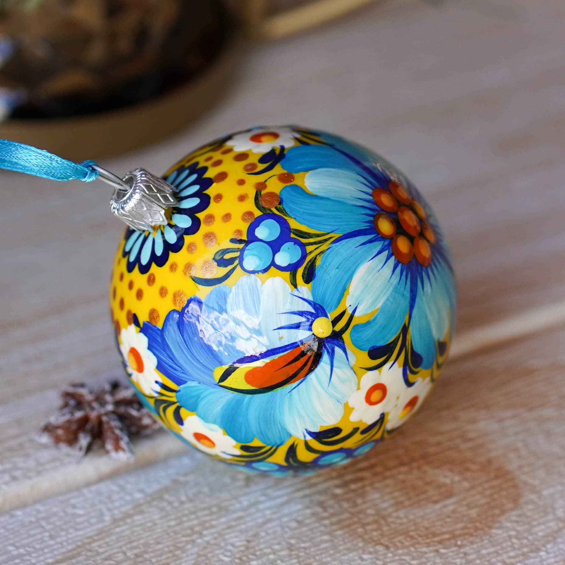 Painted Ukrainian Christmas Ornament Set, Handmade Blue & Yellow Flower Christmas Ball Ornaments 2.4 in with Petrykivka Art