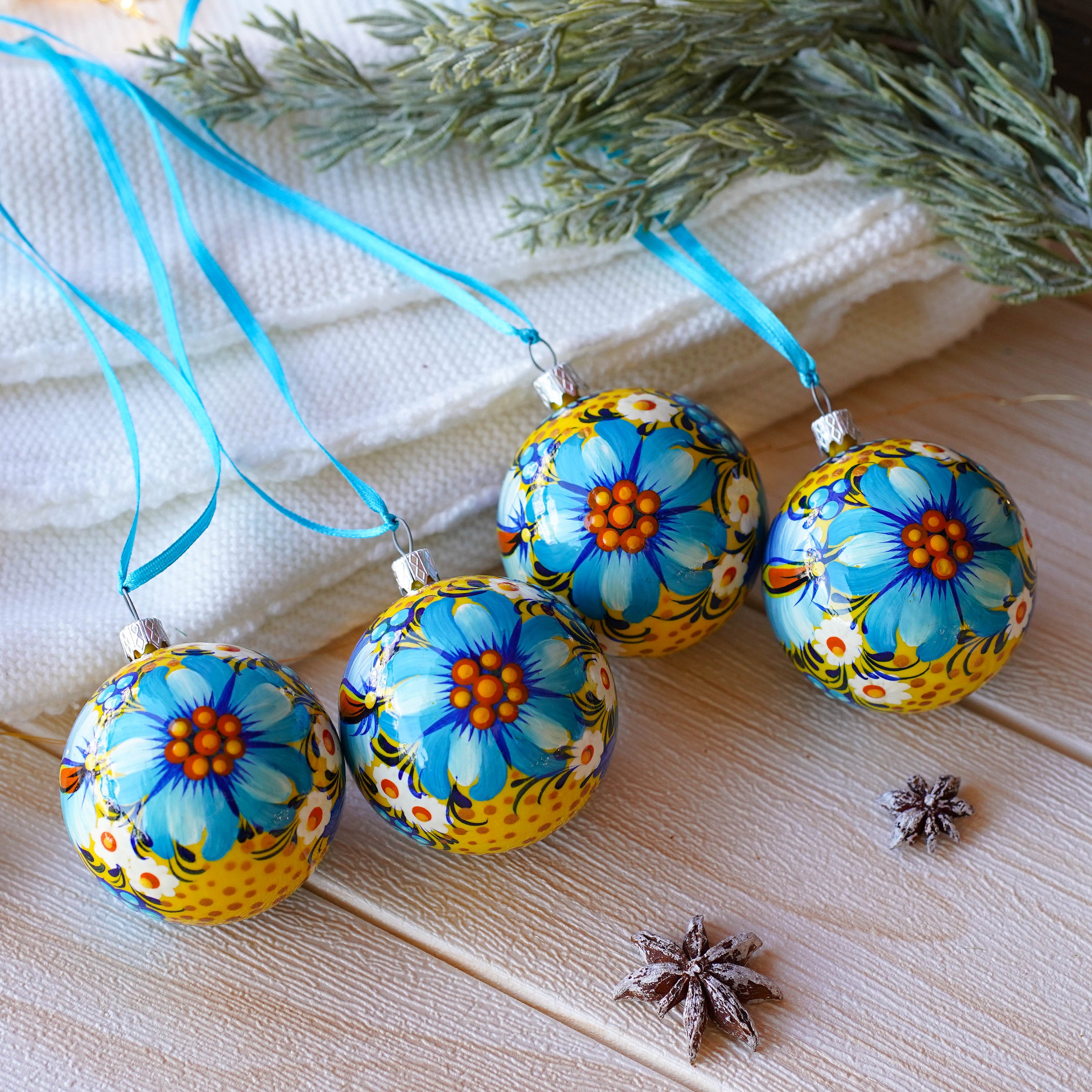 Painted Ukrainian Christmas Ornament Set, Handmade Blue & Yellow Flower Christmas Ball Ornaments 2.4 in with Petrykivka Art