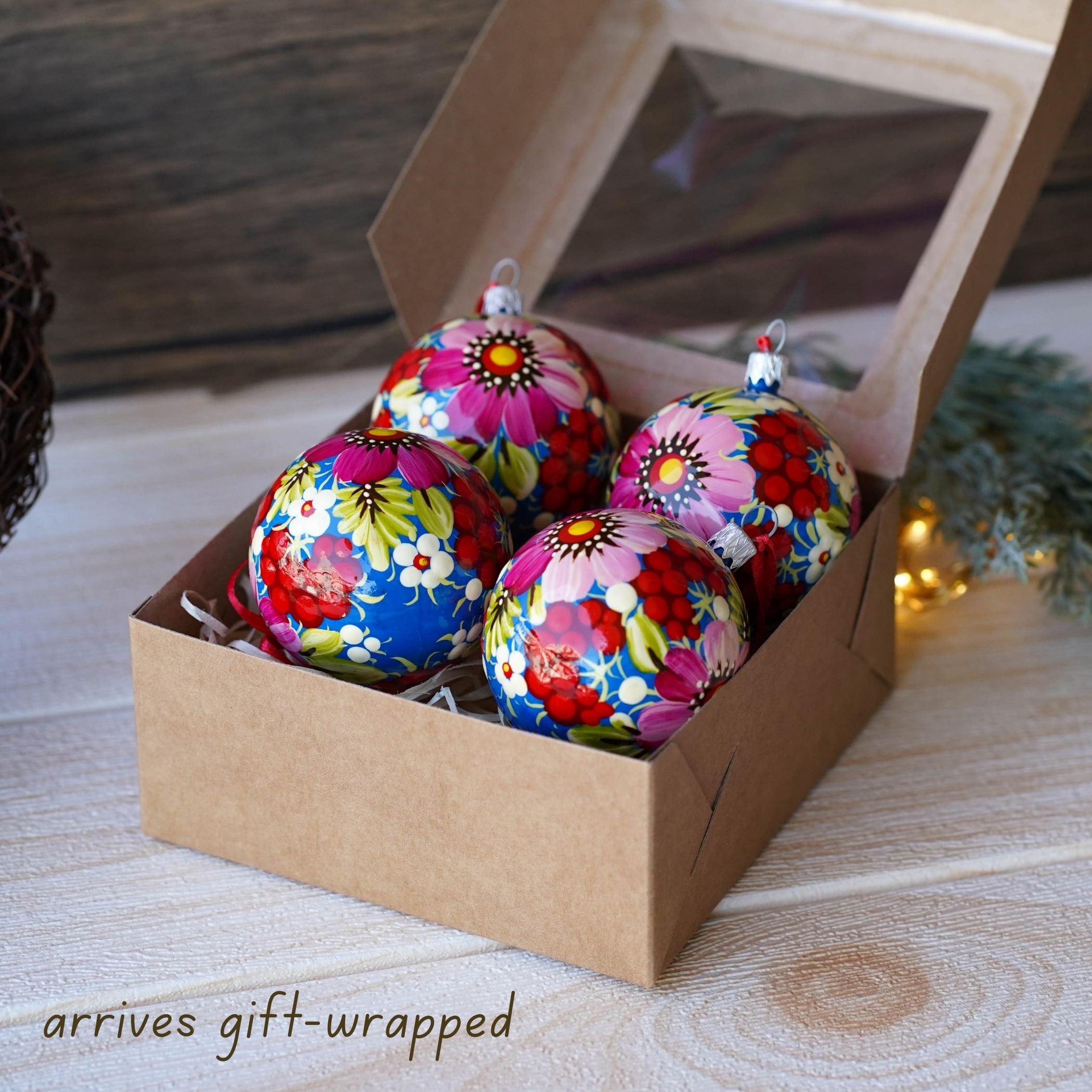 Christmas Ornament Set of 4/6/9 pcs - Hand-painted Ukrainian Christmas Ball Ornaments 2.4 in with Petrykivka art, Unique Pink Flower Baubles