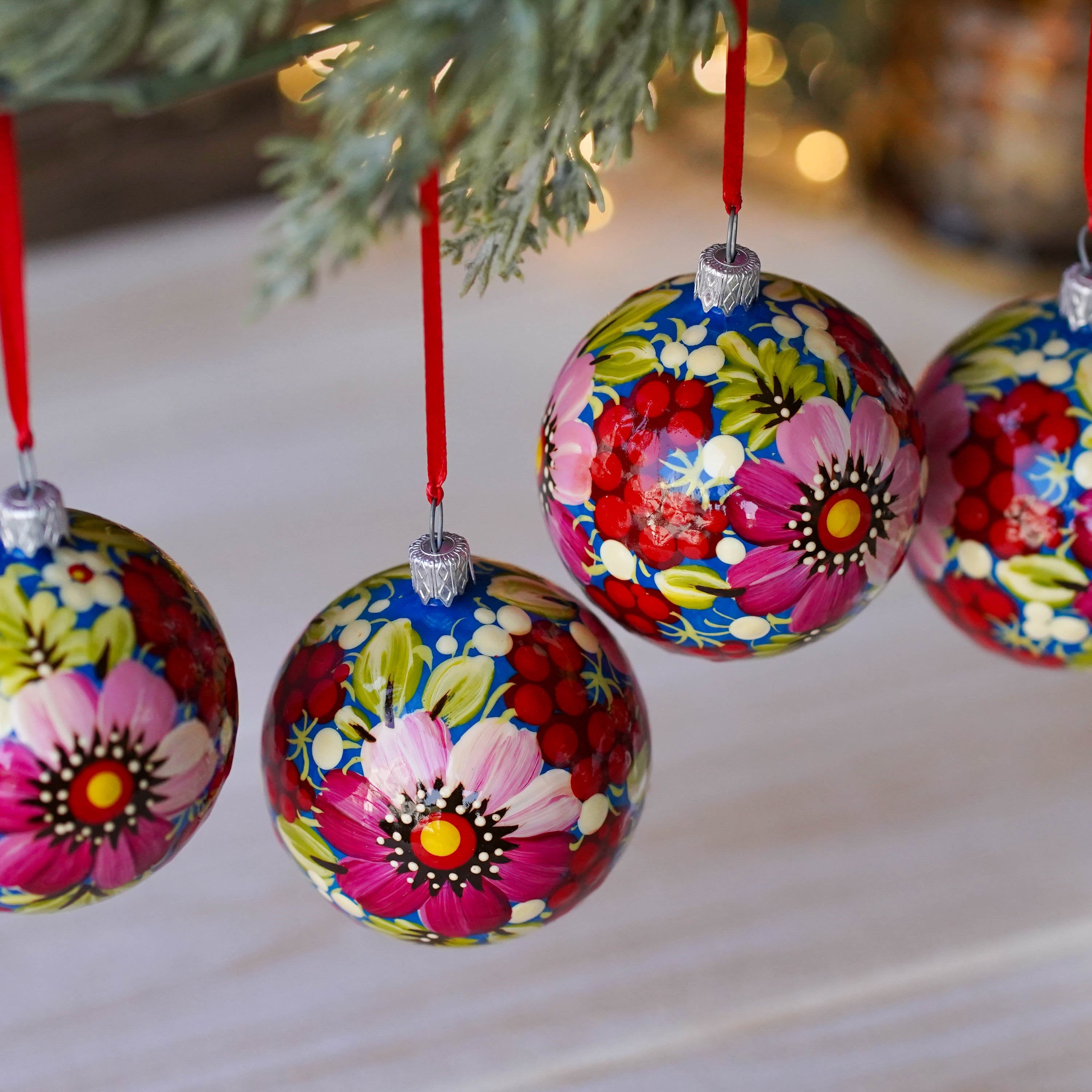 Christmas Ornament Set of 4/6/9 pcs - Hand-painted Ukrainian Christmas Ball Ornaments 2.4 in with Petrykivka art, Unique Pink Flower Baubles