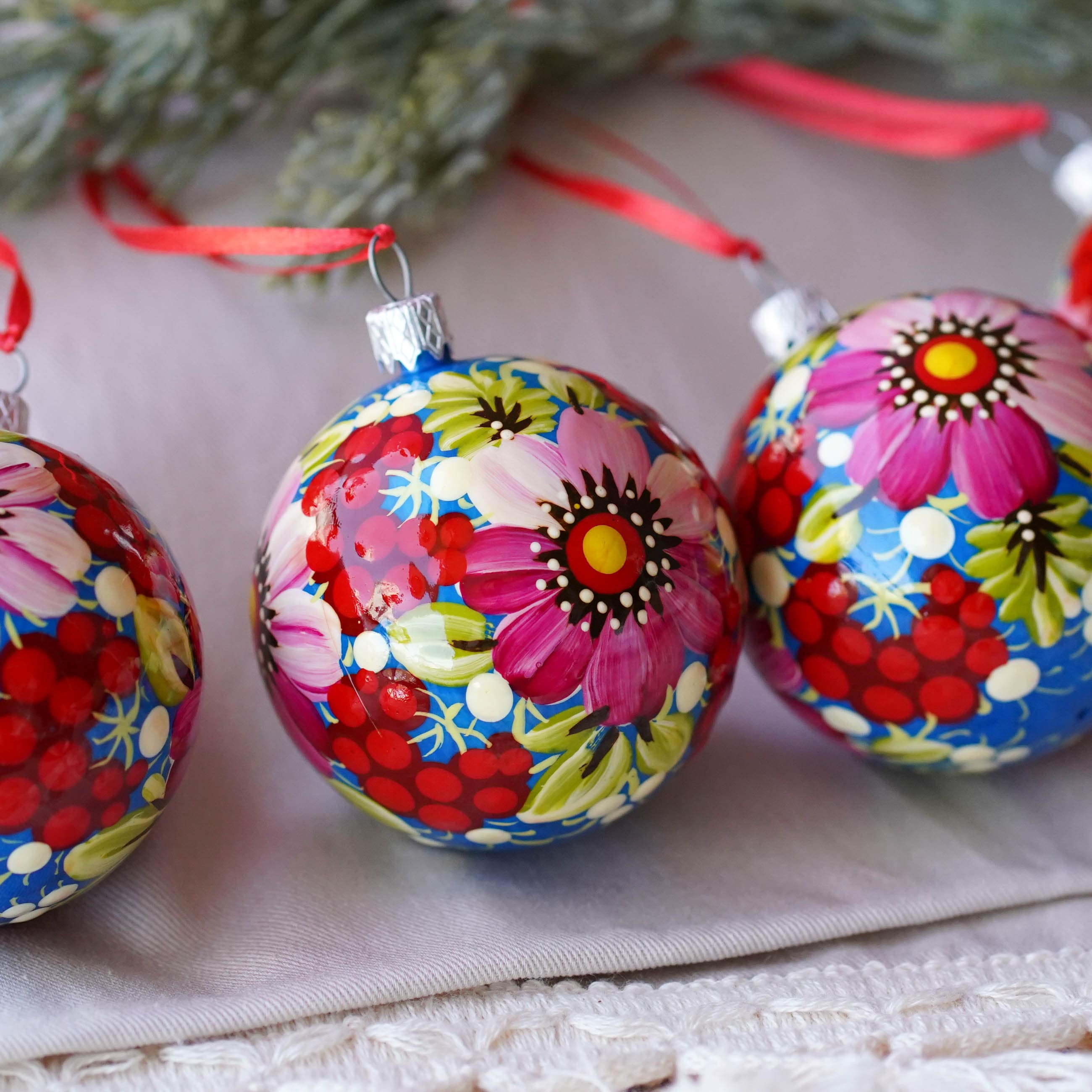 Christmas Ornament Set of 4/6/9 pcs - Hand-painted Ukrainian Christmas Ball Ornaments 2.4 in with Petrykivka art, Unique Pink Flower Baubles