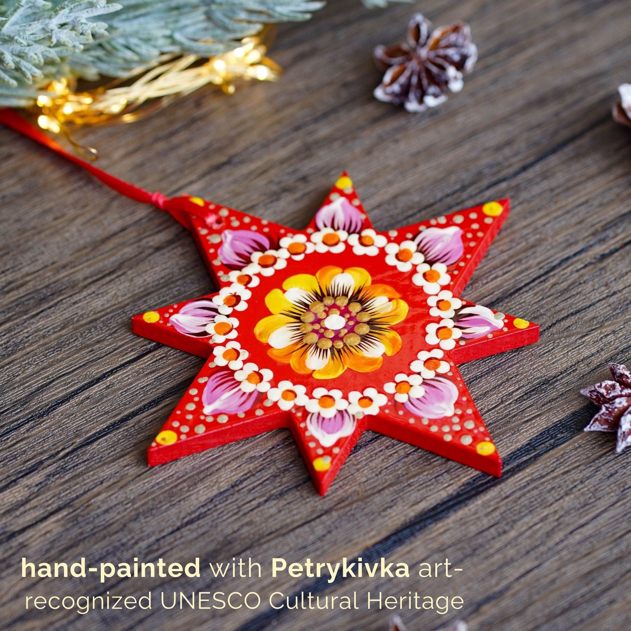 Hand-Painted Ukrainian Wooden Christmas Ornament Set - Handmade Red Tree and Star Petrykivka Decorations