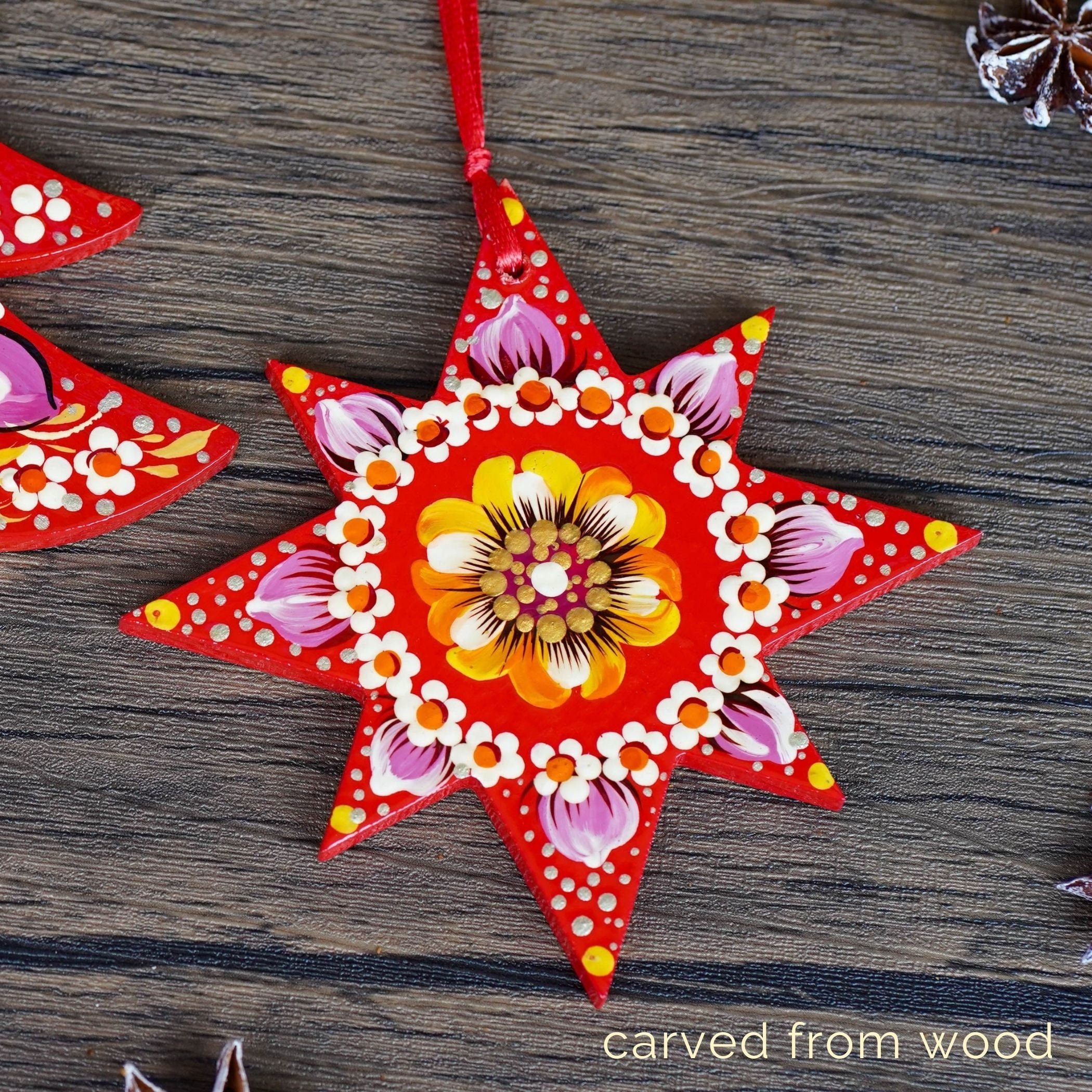 Hand-Painted Ukrainian Wooden Christmas Ornament Set - Handmade Red Tree and Star Petrykivka Decorations