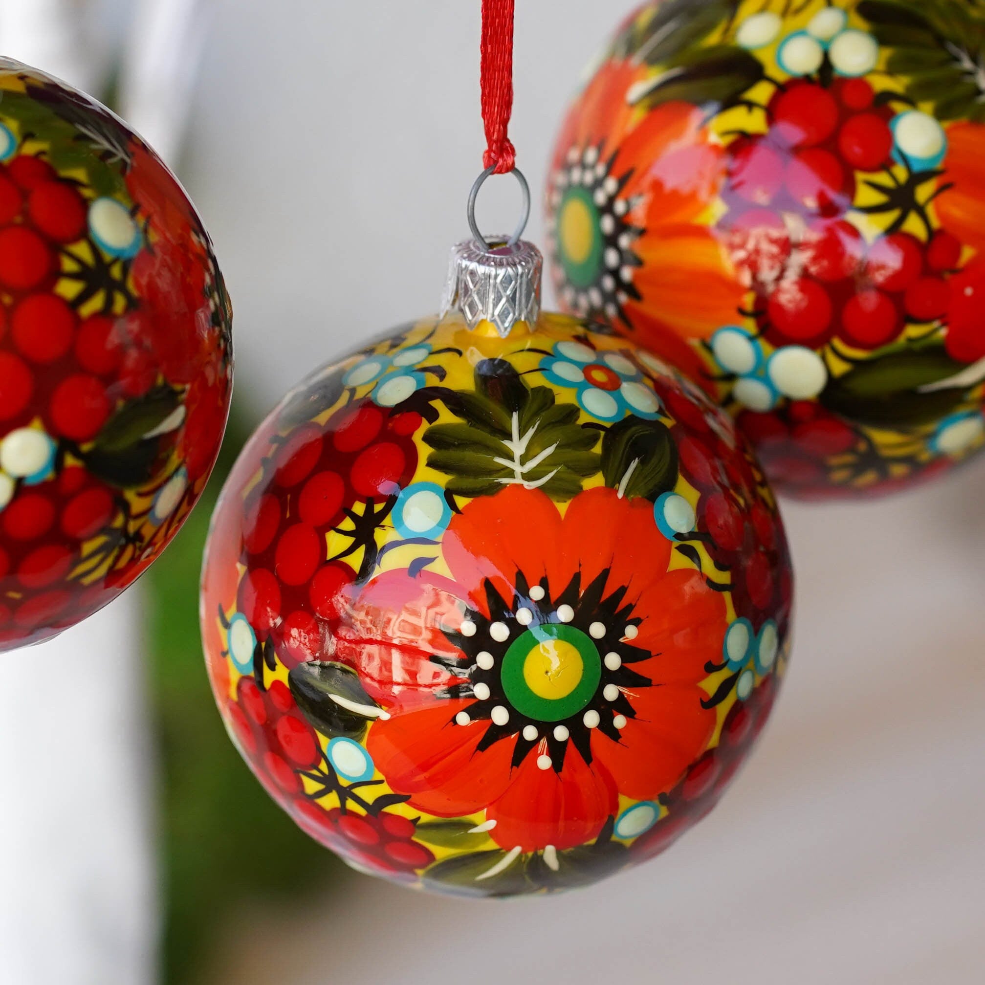 Set of 4 Painted Christmas Ornaments - Handmade Ukrainian Christmas Balls 2.4 in with Petrykivka art, Unique Orange & Red Flower Baubles