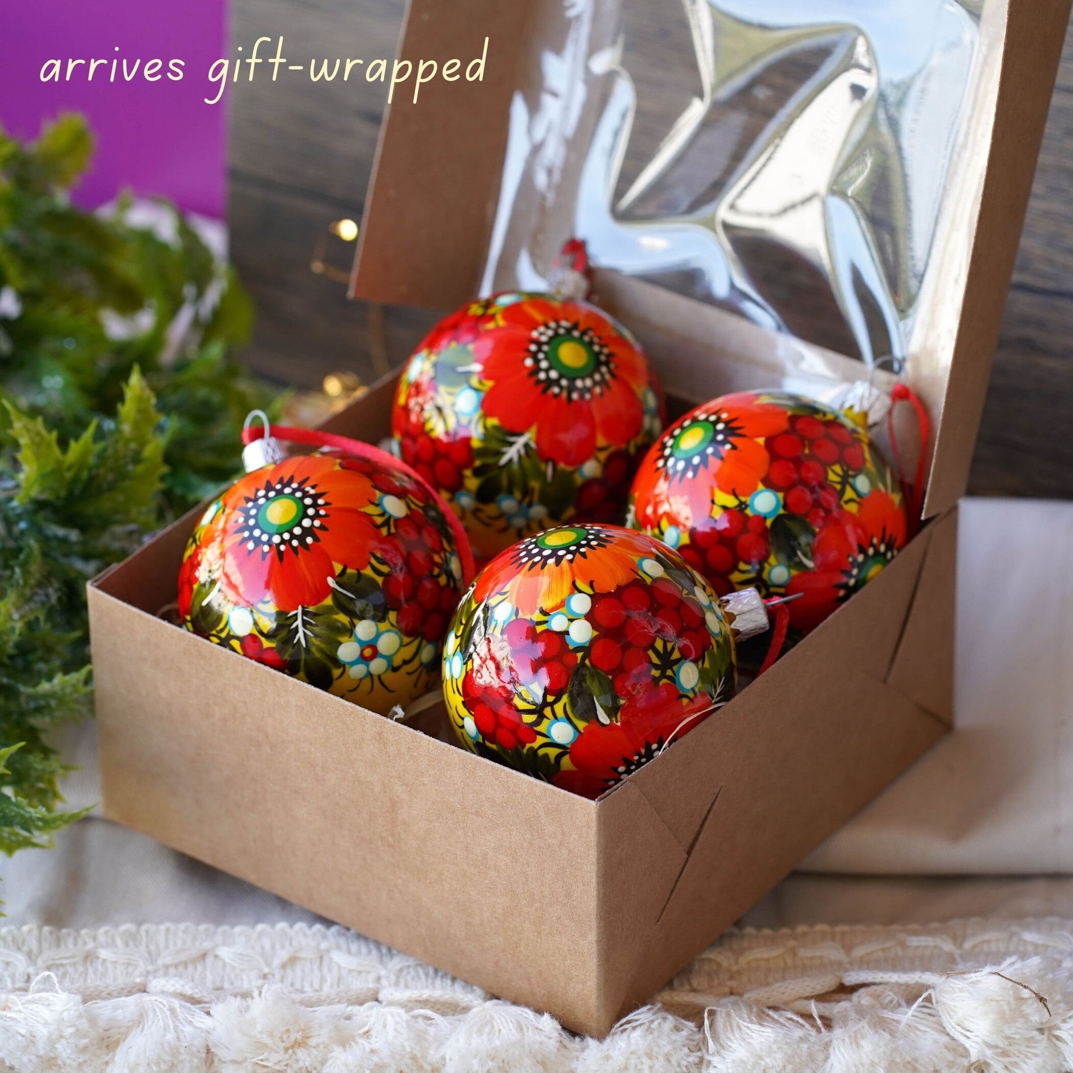 Set of 4 Painted Christmas Ornaments - Handmade Ukrainian Christmas Balls 2.4 in with Petrykivka art, Unique Orange & Red Flower Baubles